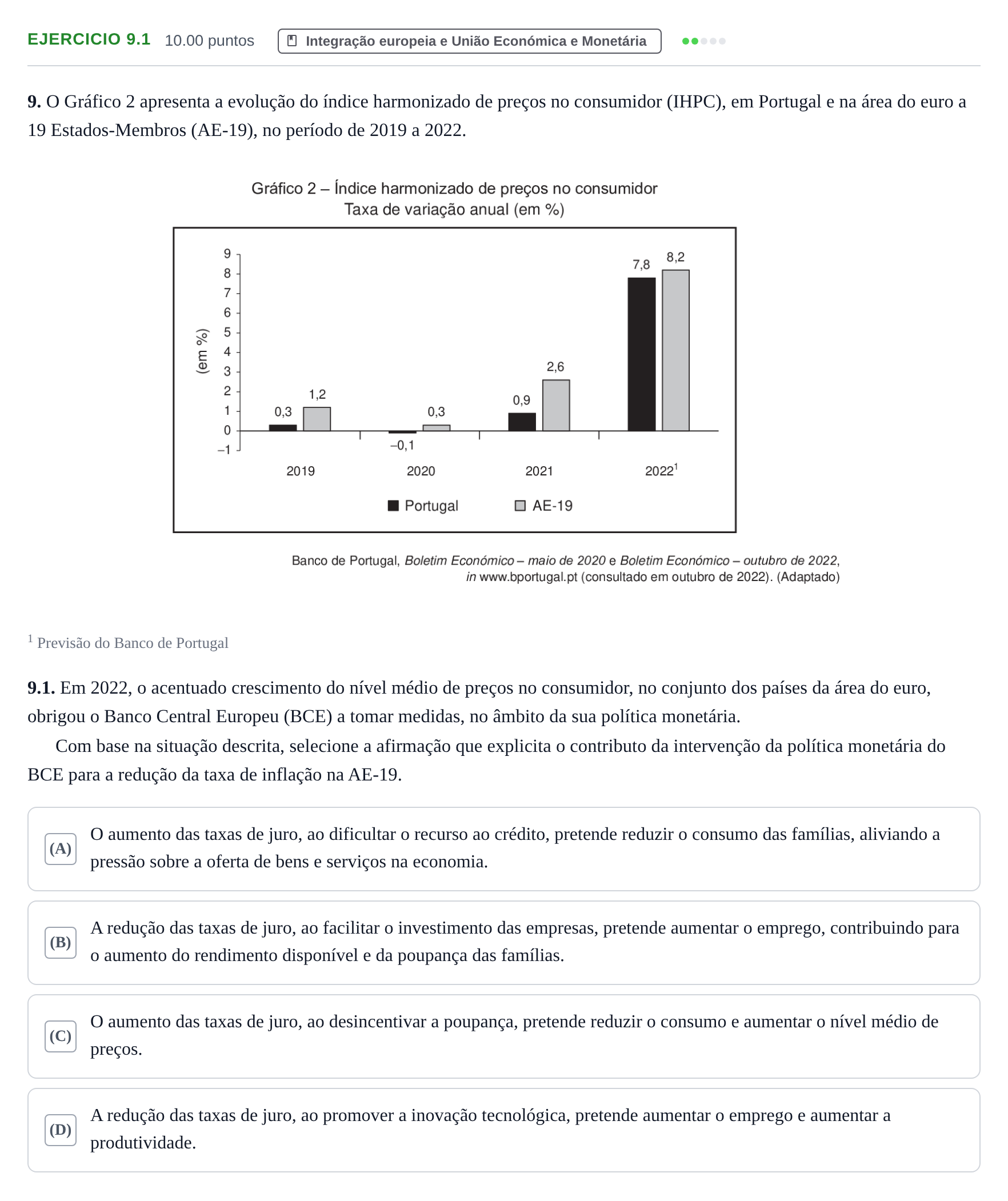 Enunciado: Exercício 9.1 · Exame Nacional Economia A 1.ª fase 2023