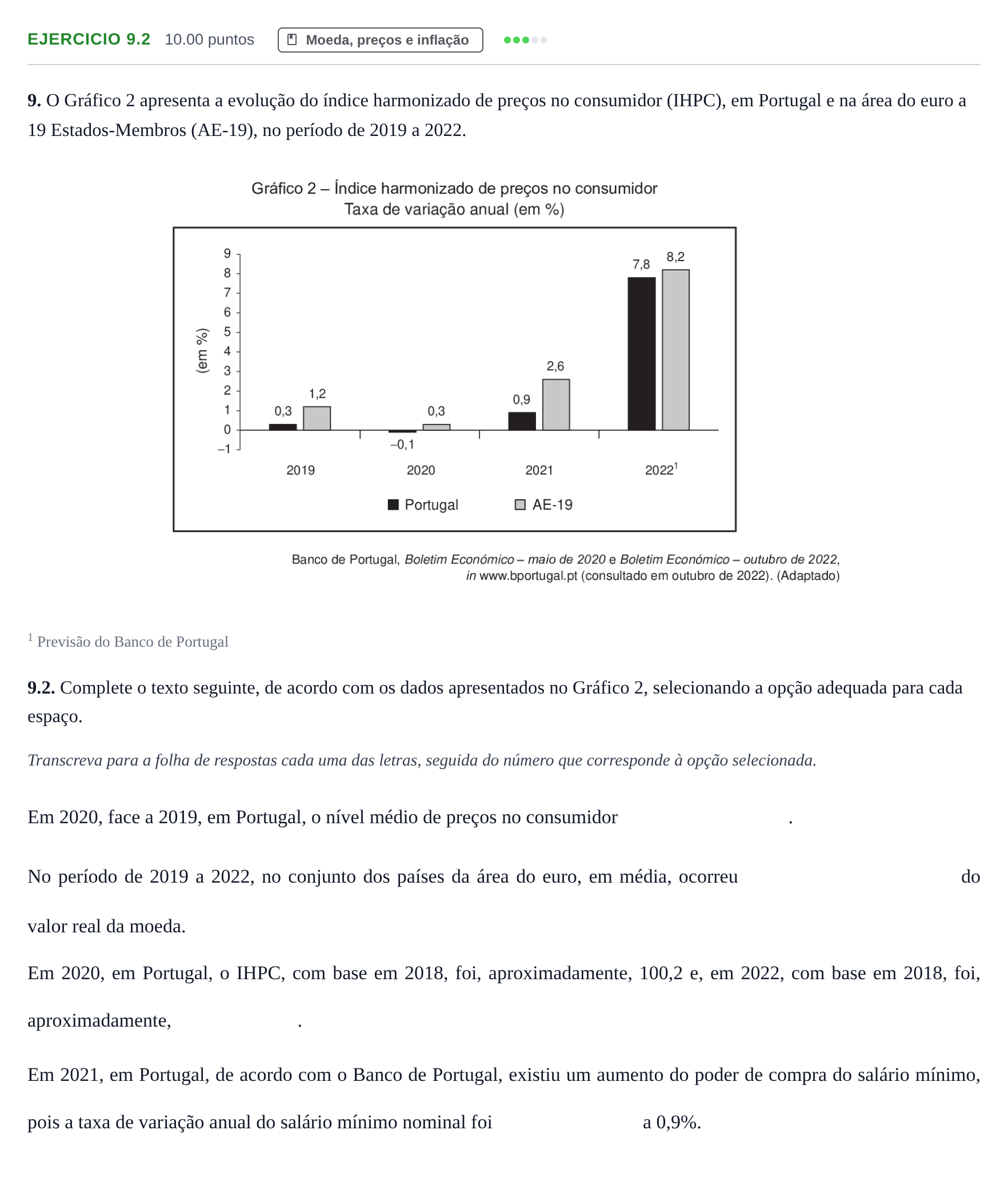 Enunciado: Exercício 9.2 · Exame Nacional Economia A 1.ª fase 2023