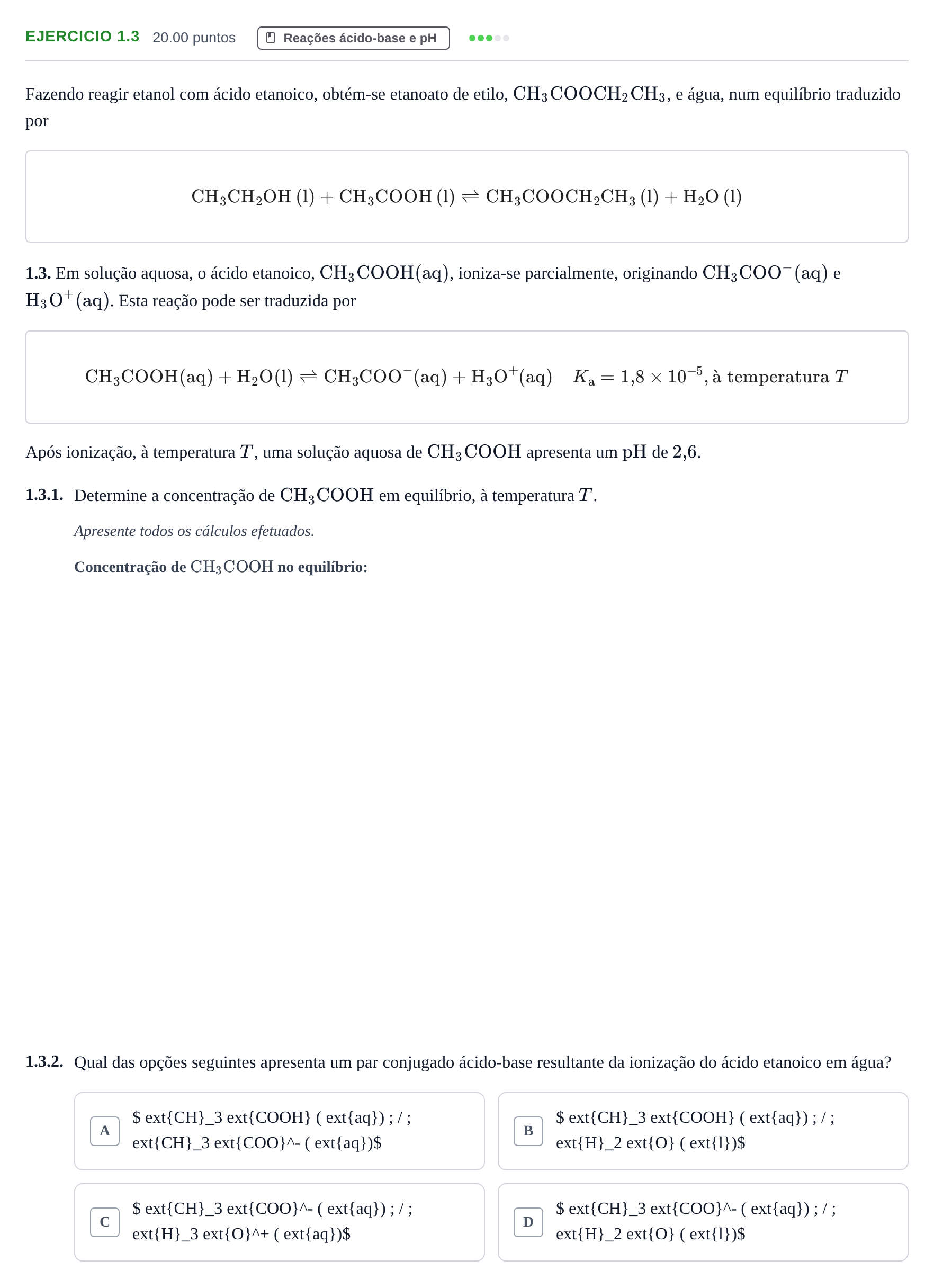 Enunciado: Exercício 1.3 · Exame Nacional Física e Química A Época especial 2023