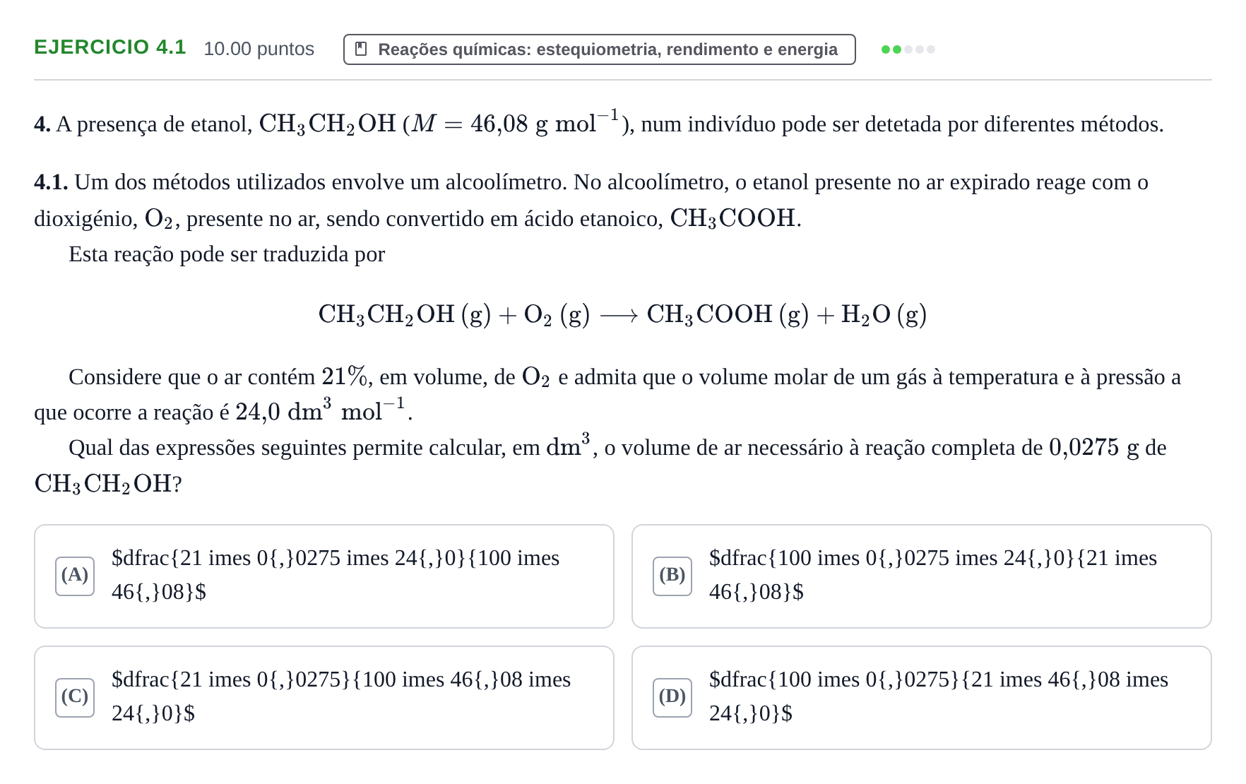 Enunciado: Exercício 4.1 · Exame Nacional Física e Química A Época especial 2023