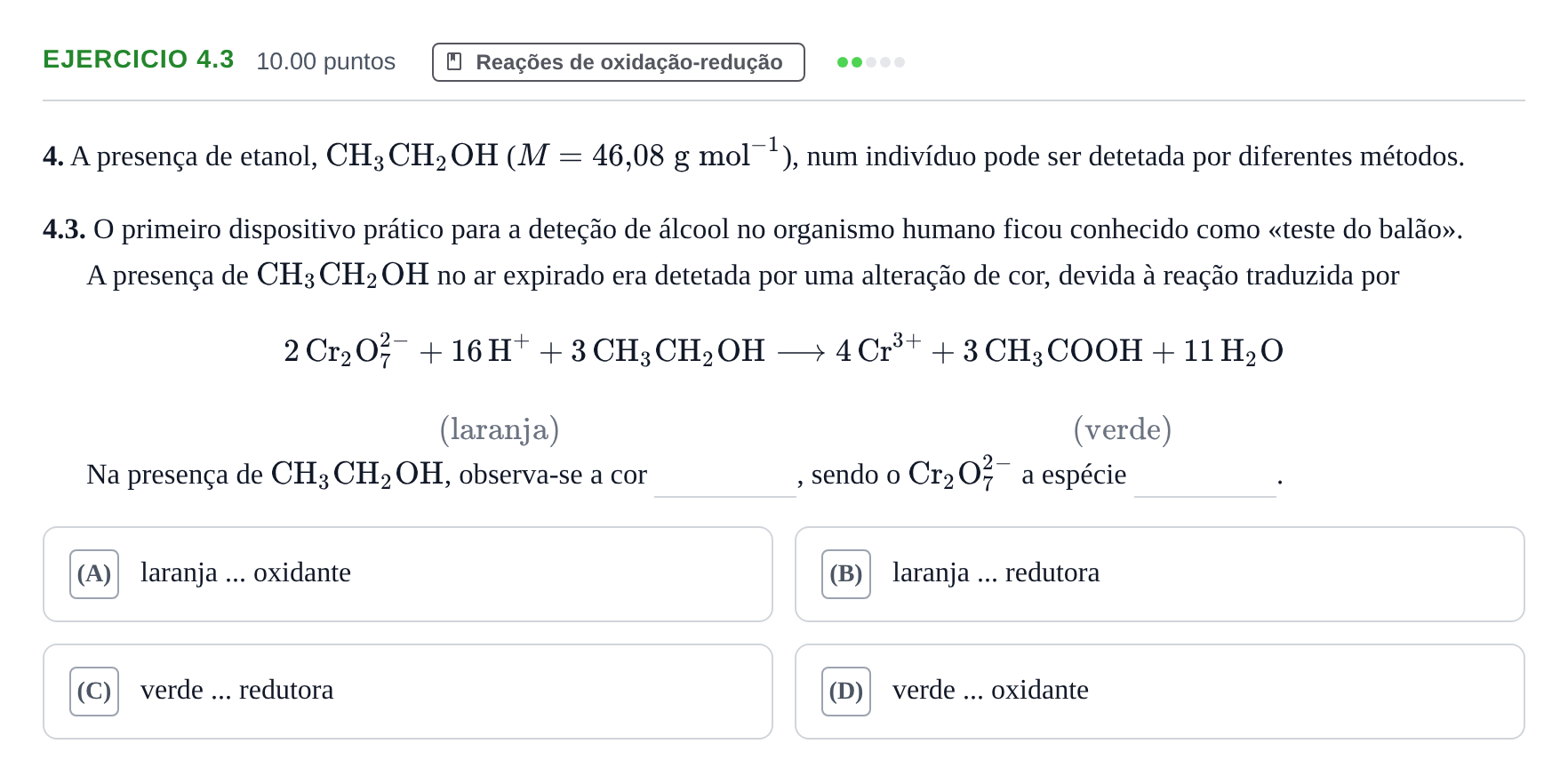Enunciado: Exercício 4.3 · Exame Nacional Física e Química A Época especial 2023