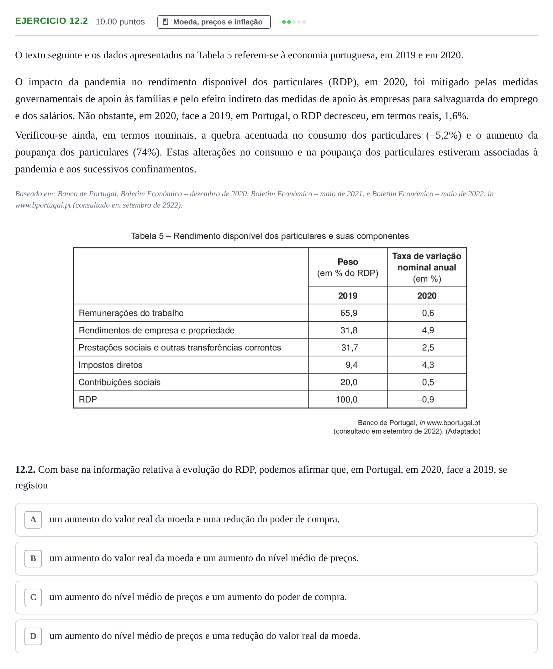 Enunciado: Exercício 12.2 · Exame Nacional Economia A 2.ª fase 2023