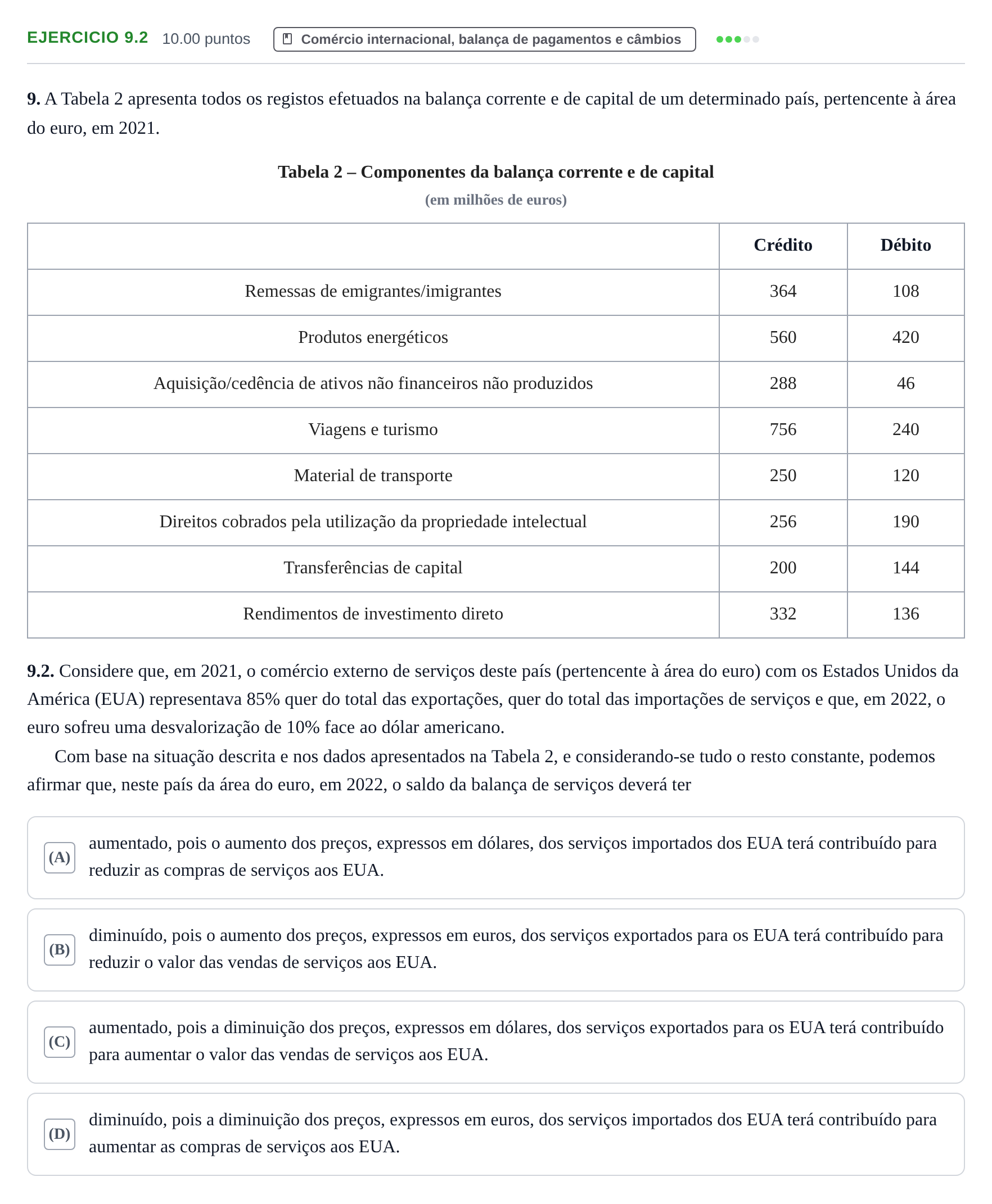 Enunciado: Exercício 9.2 · Exame Nacional Economia A 2.ª fase 2023