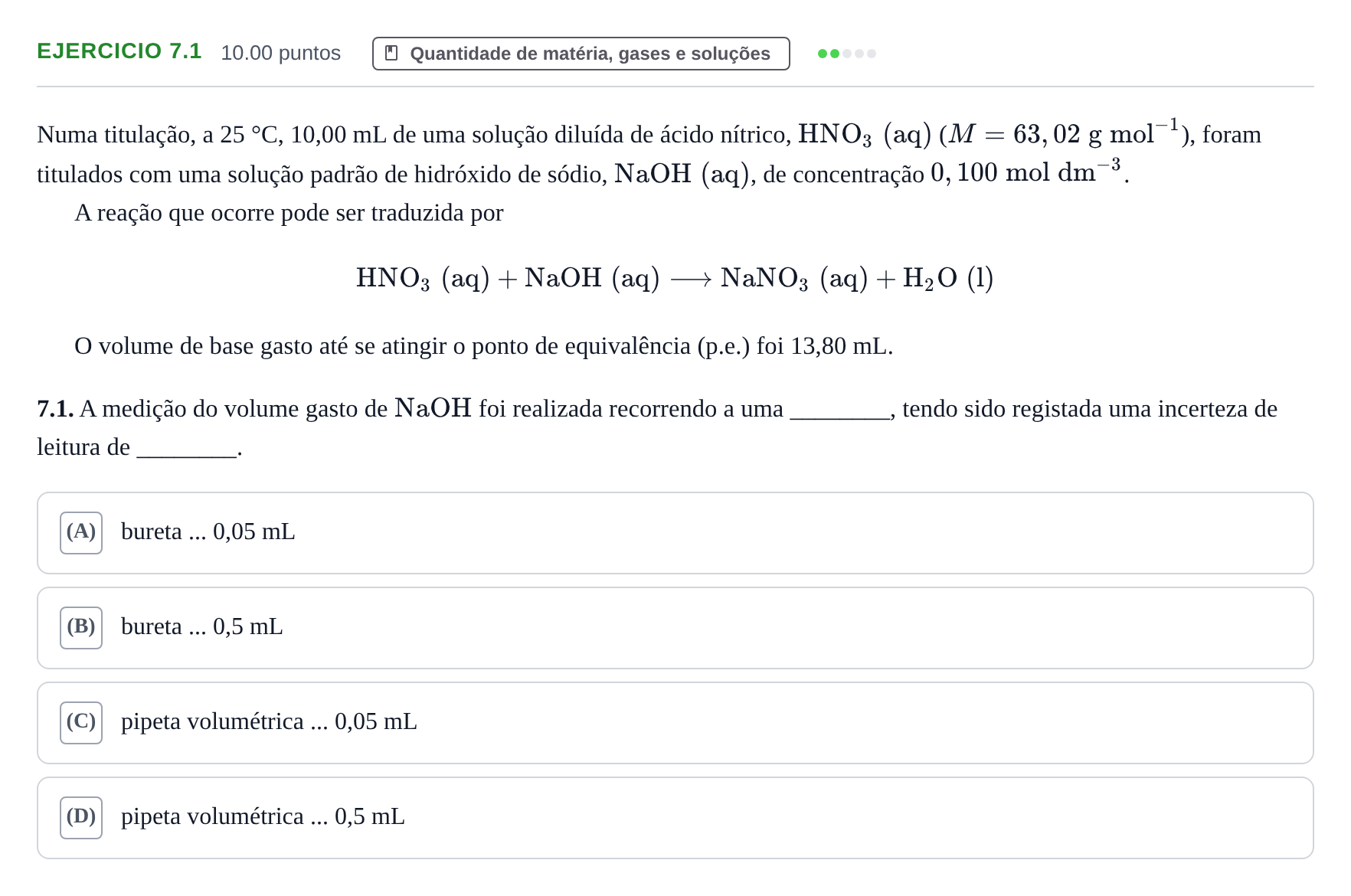 Enunciado: Exercício 7.1 · Exame Nacional Física e Química A 1.ª fase 2023