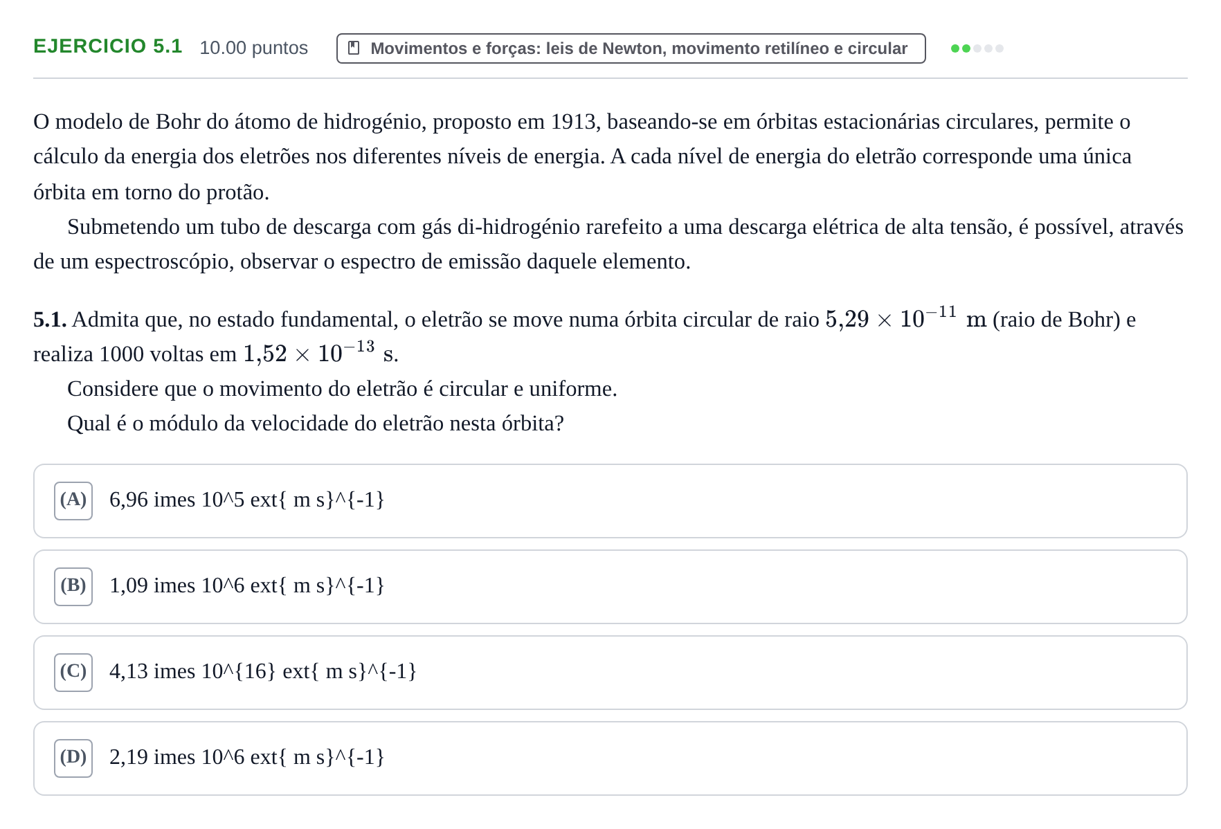 Enunciado: Exercício 5.1 · Exame Nacional Física e Química A 2.ª fase 2023