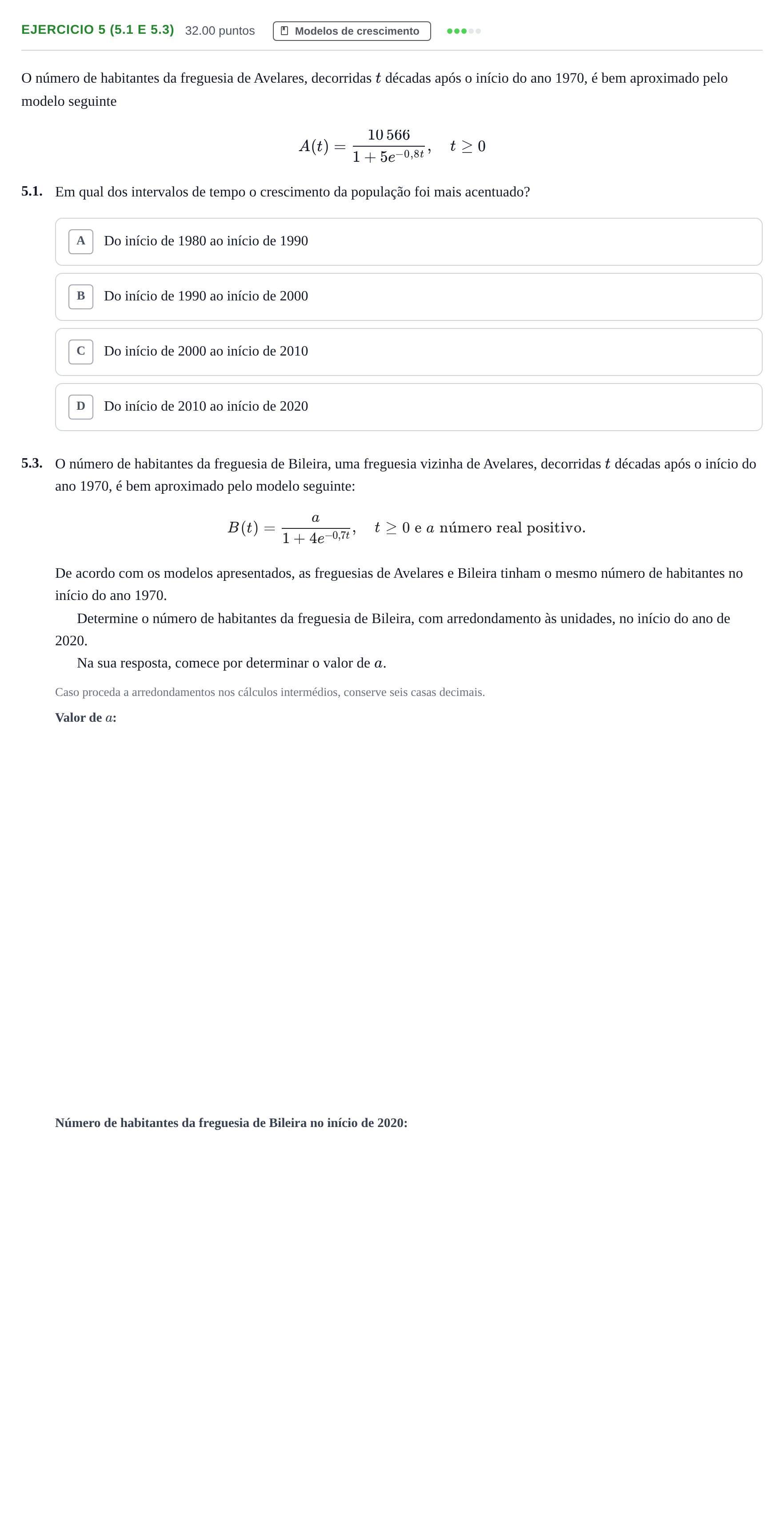 Enunciado: Exercício 5 (5.1 e 5.3) · Exame Nacional Matemática Aplicada às Ciências Sociais 1.ª fase 2023