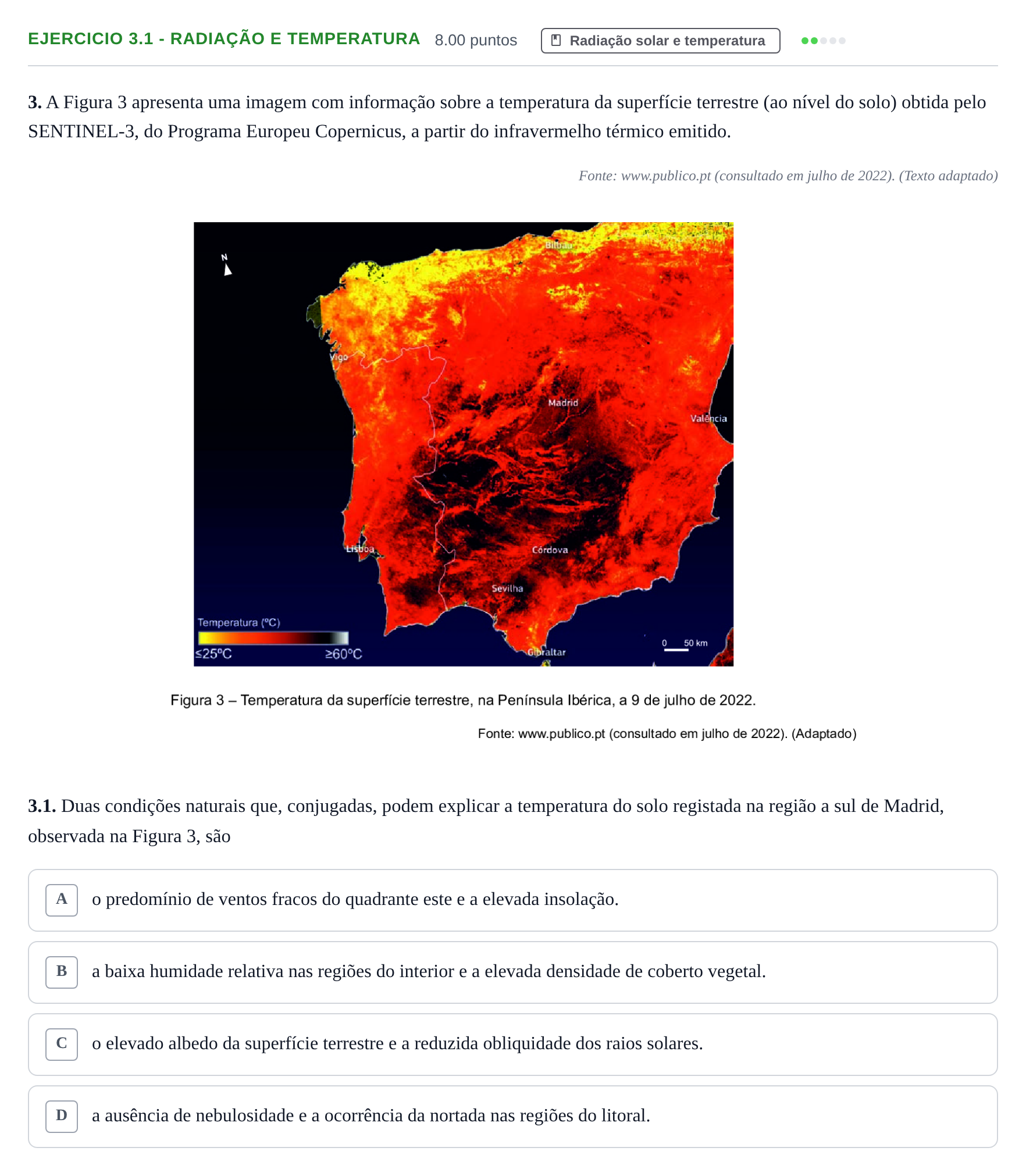 Enunciado: Exercício 3.1 - Radiação e temperatura · Exame Nacional Geografia A 1.ª fase 2023