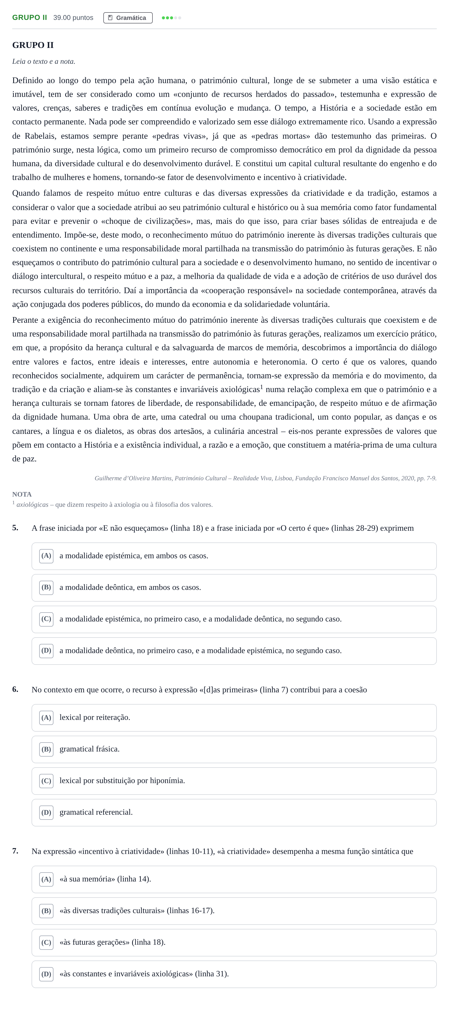 Enunciado: Grupo II · Exame Nacional Português Época especial 2022