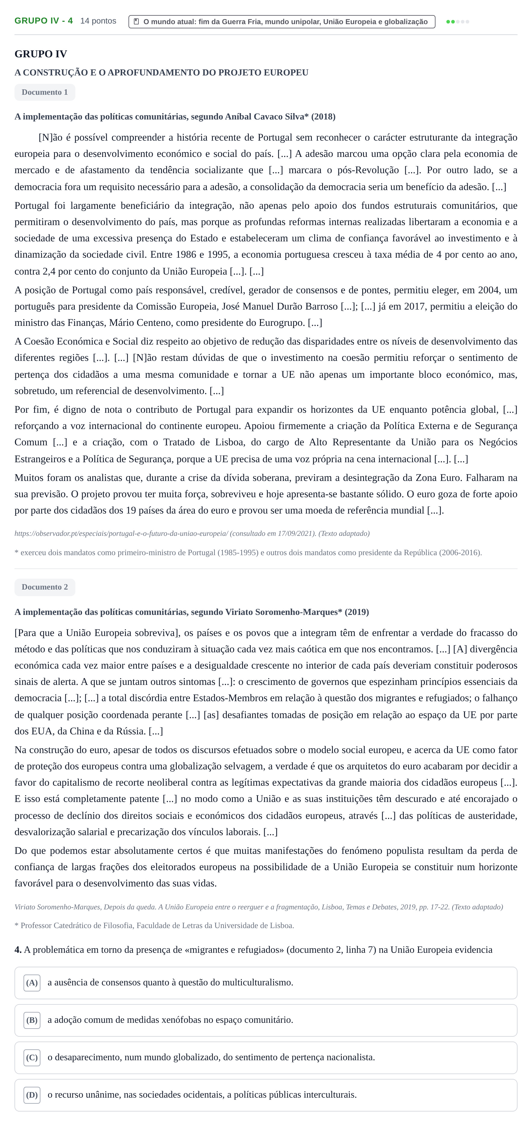 Enunciado: Grupo IV - 4 · Exame Nacional História A 1.ª fase 2022