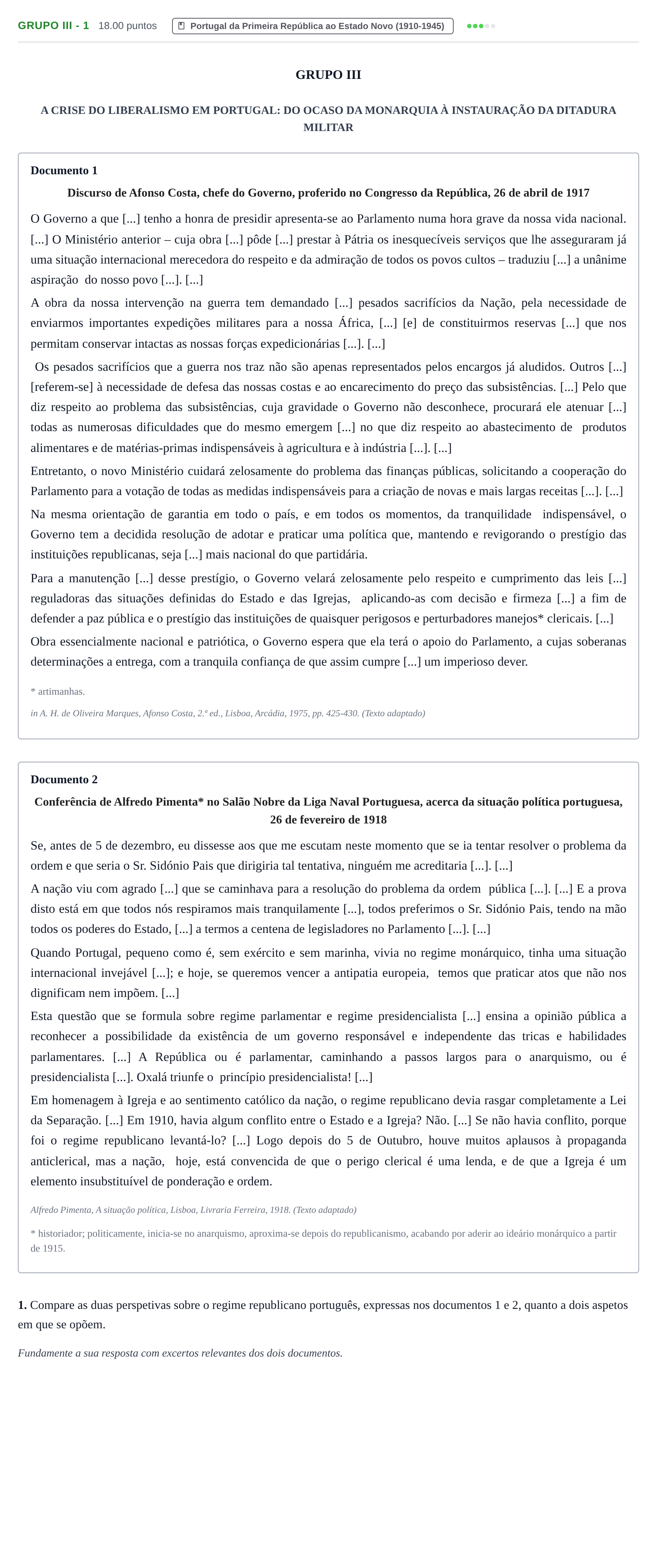 Enunciado: Grupo III - 1 · Exame Nacional História A 2.ª fase 2022