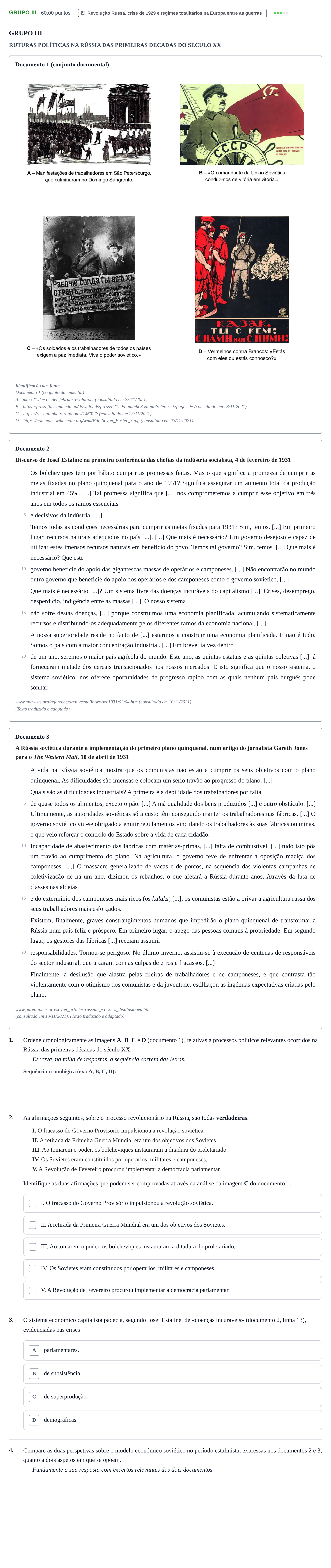 Enunciado: Grupo III · Exame Nacional História A Época especial 2022