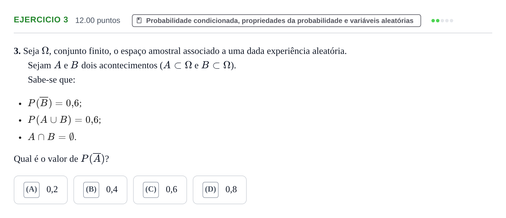 Enunciado: Exercício 3 · Exame Nacional Matemática A 1.ª fase 2022