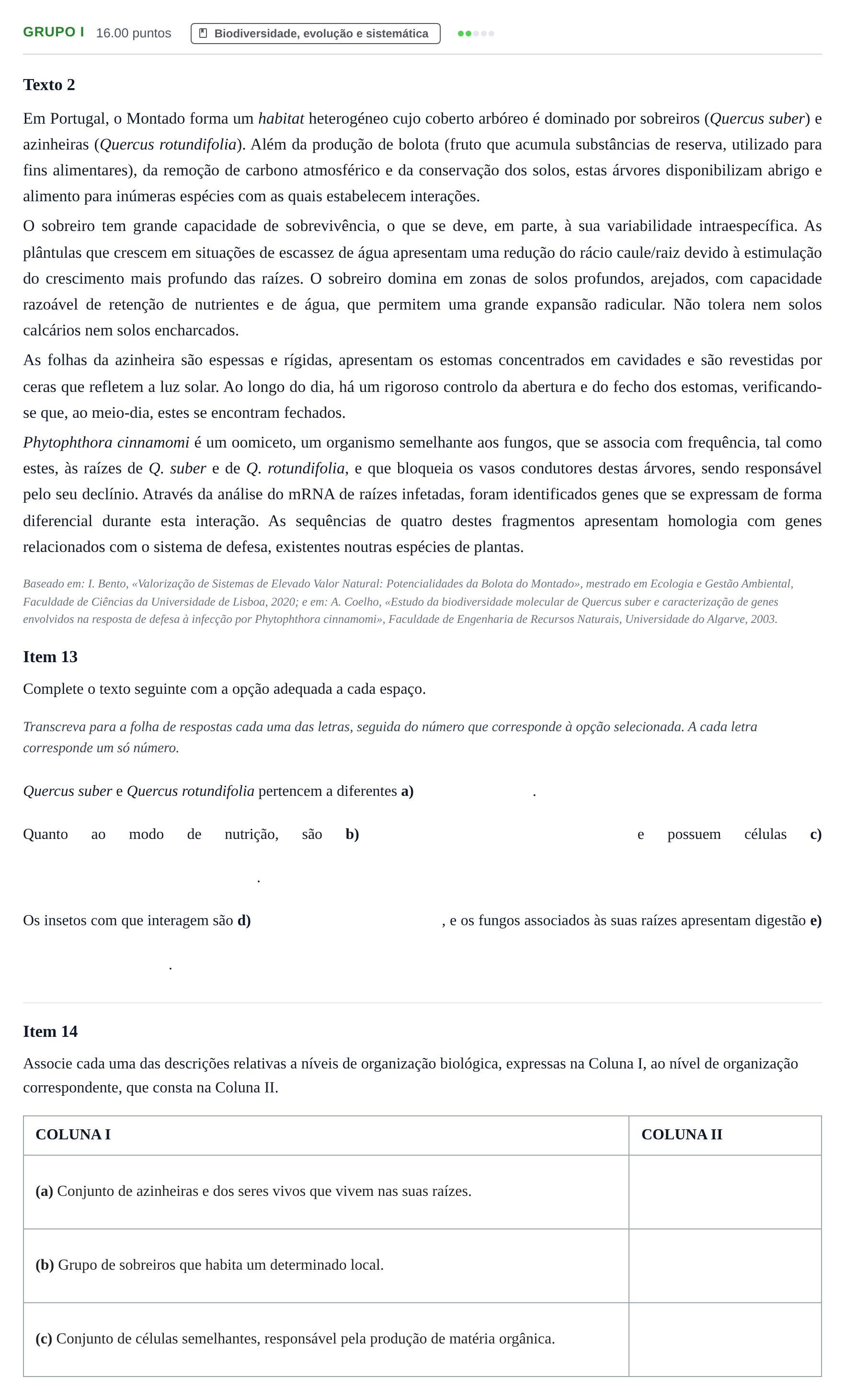 Enunciado: Grupo I · Exame Nacional Biologia e Geologia Época especial 2022