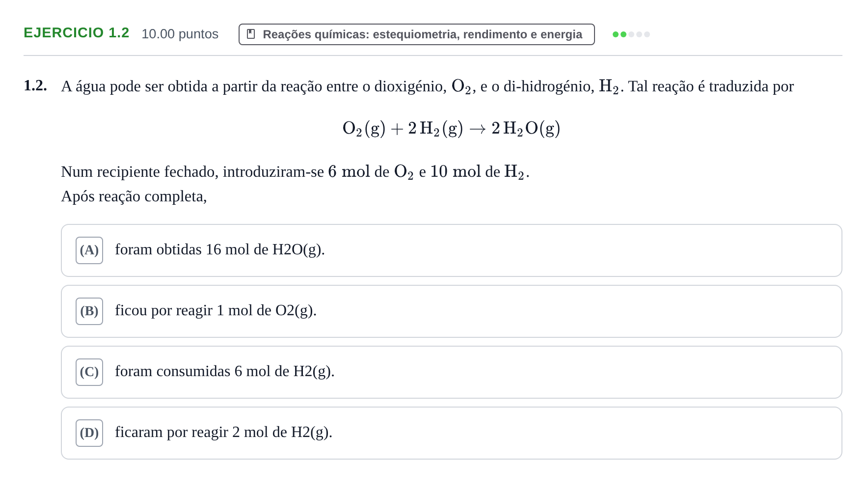 Enunciado: Exercício 1.2 · Exame Nacional Física e Química A Época especial 2022