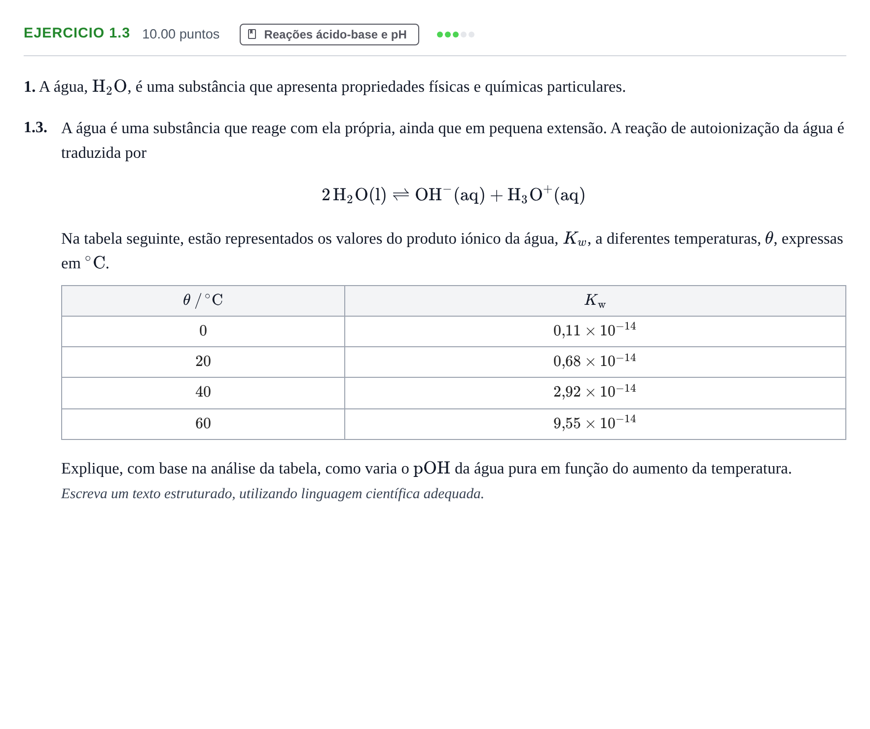 Enunciado: Exercício 1.3 · Exame Nacional Física e Química A Época especial 2022