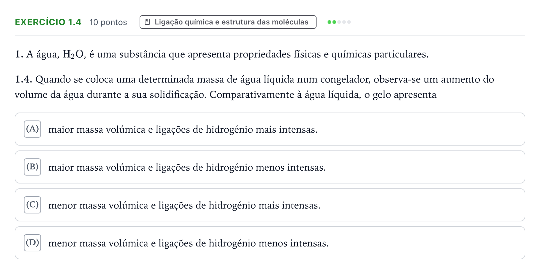Enunciado: Exercício 1.4 · Exame Nacional Física e Química A Época especial 2022