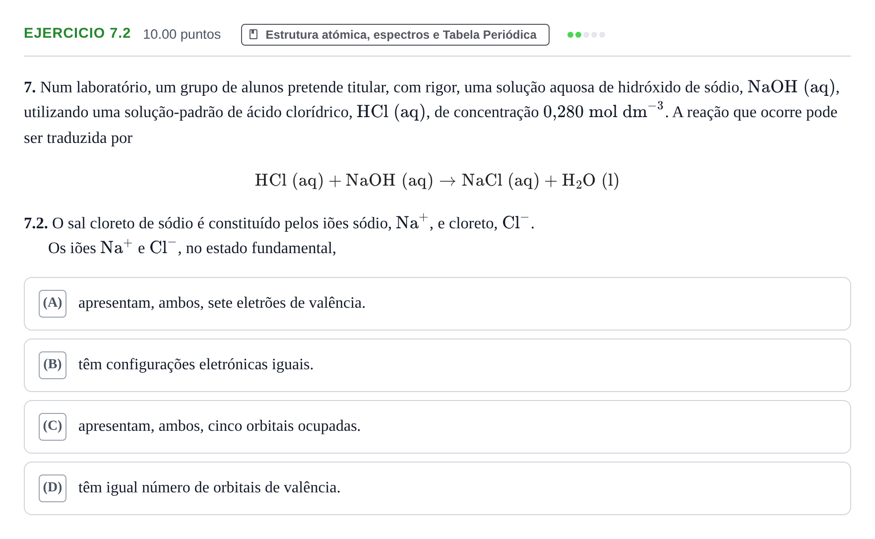 Enunciado: Exercício 7.2 · Exame Nacional Física e Química A Época especial 2022