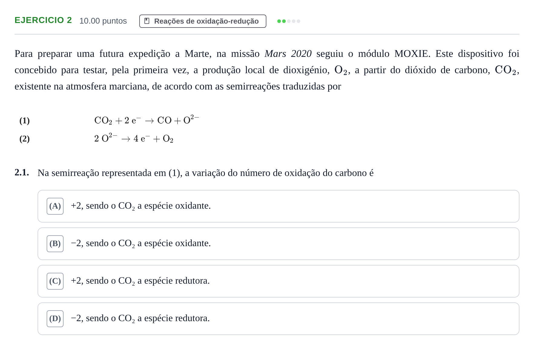 Enunciado: Exercício 2 - Reações de oxidação-redução · Exame Nacional Física e Química A 1.ª fase 2022