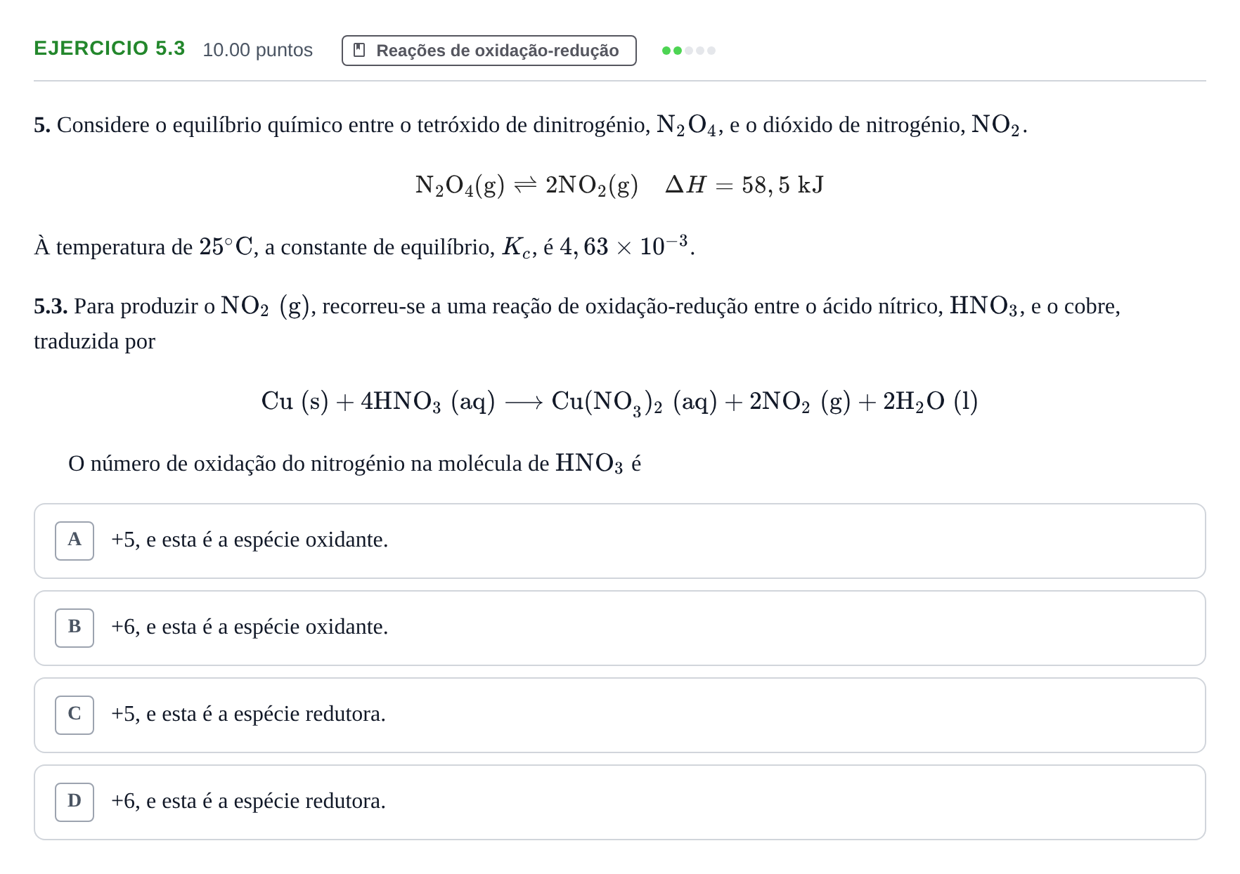 Enunciado: Exercício 5.3 · Exame Nacional Física e Química A 2.ª fase 2022