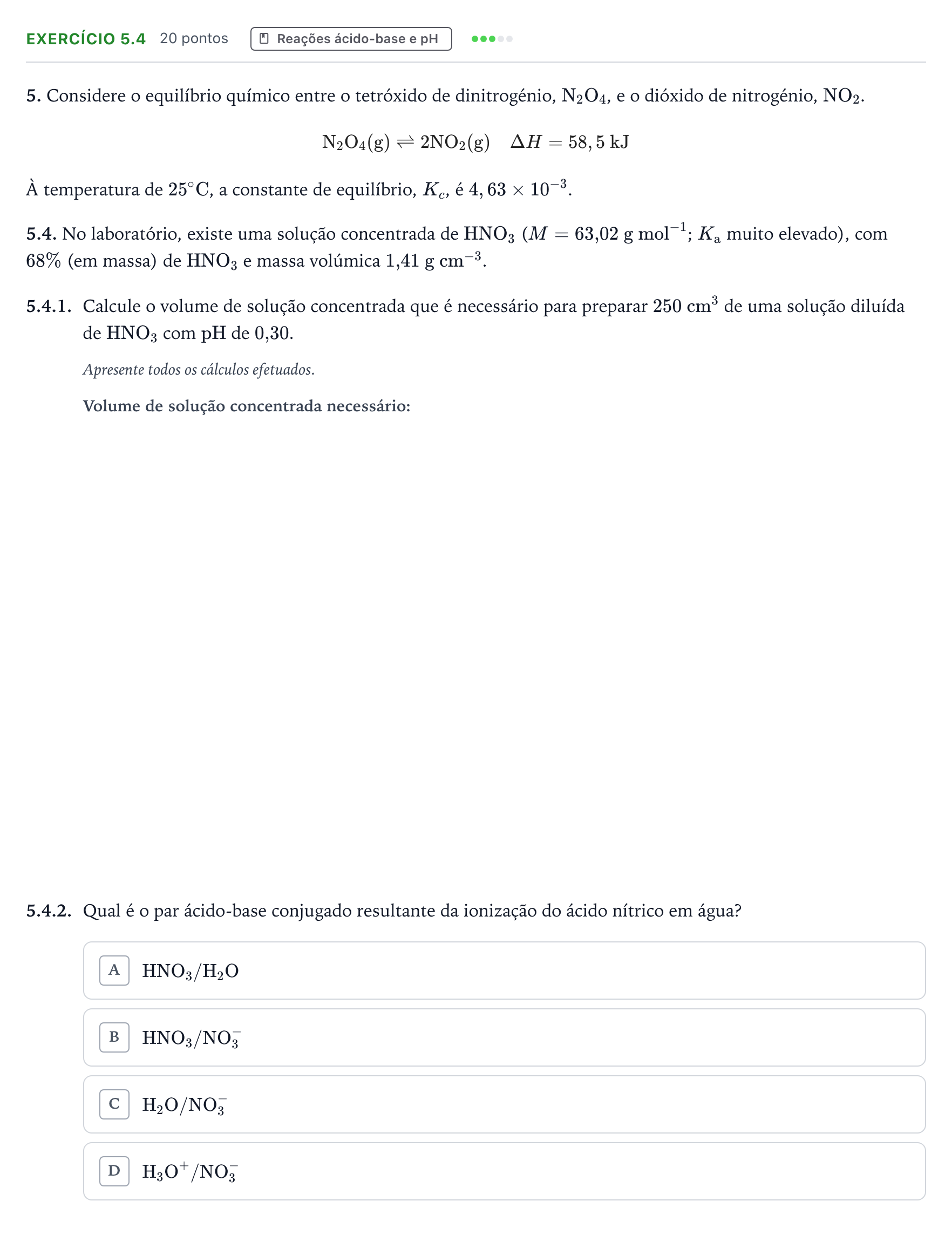 Enunciado: Exercício 5.4 · Exame Nacional Física e Química A 2.ª fase 2022