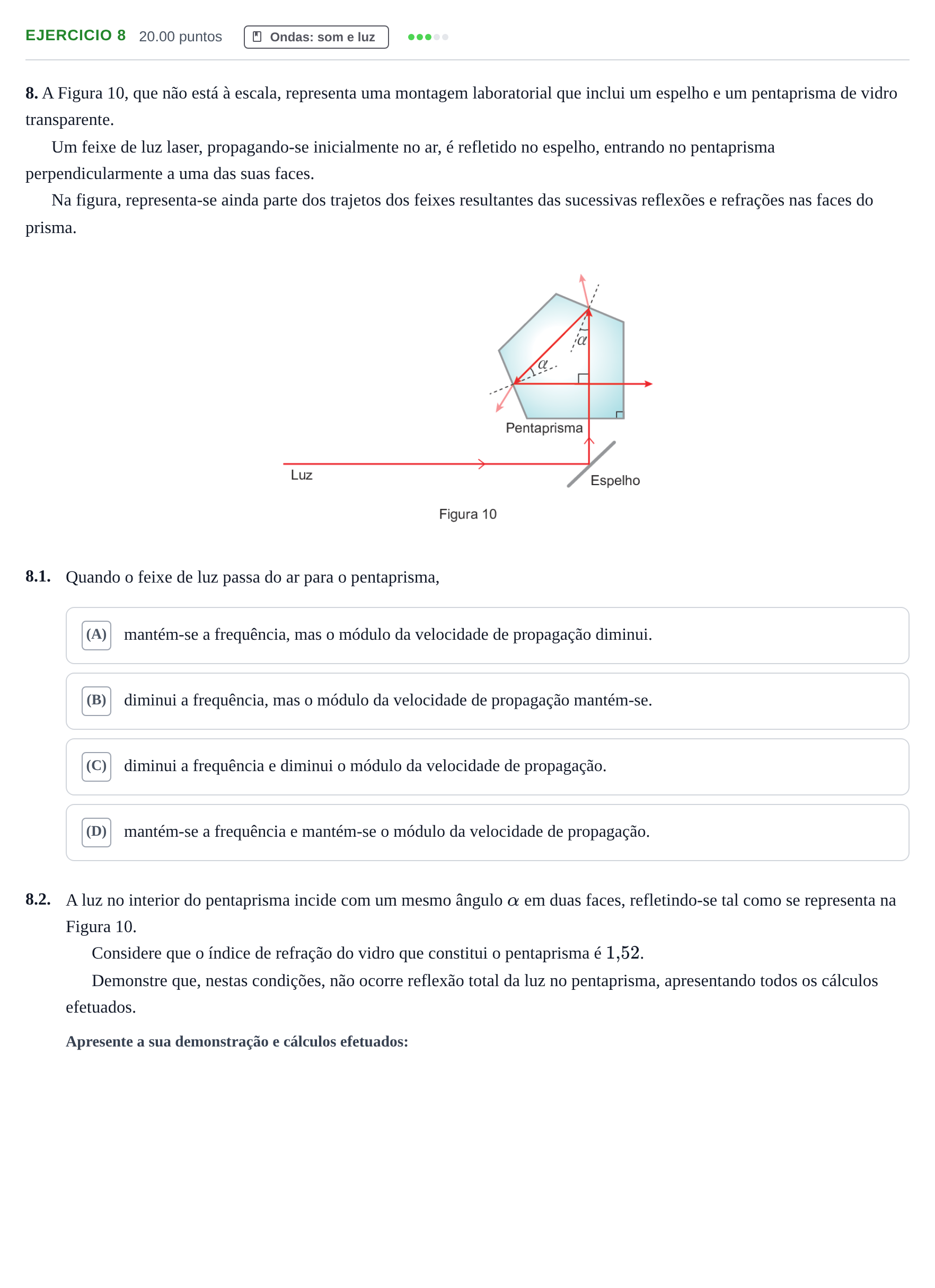 Enunciado: Exercício 8 · Exame Nacional Física e Química A 2.ª fase 2022