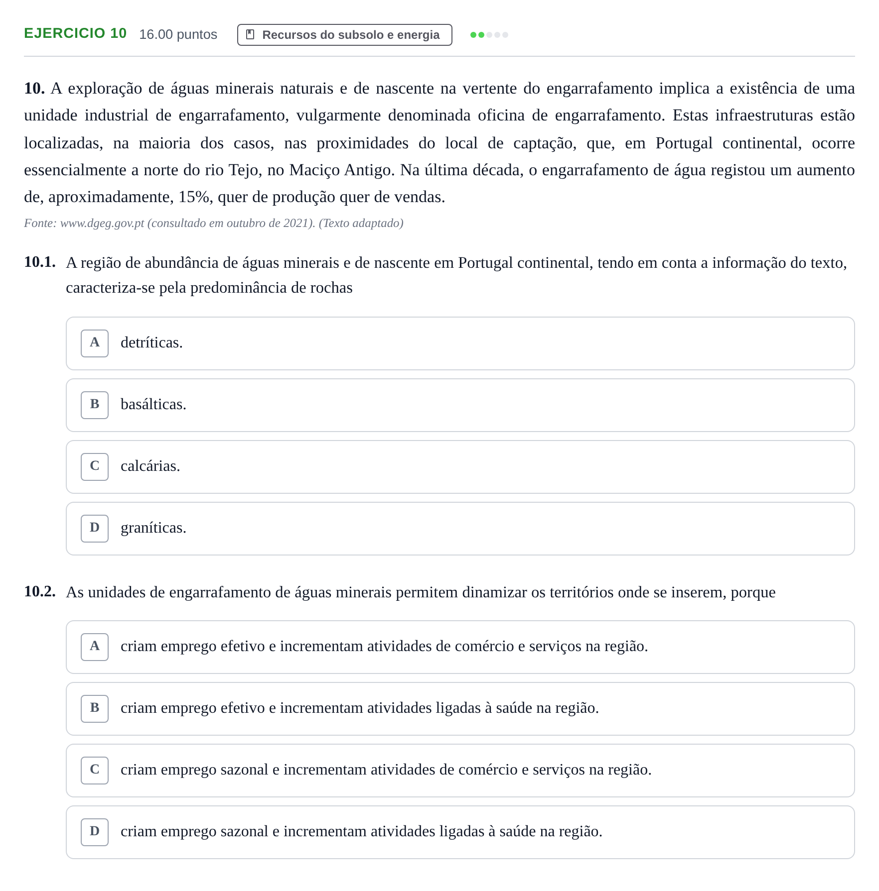 Enunciado: Exercício 10 · Exame Nacional Geografia A 1.ª fase 2022