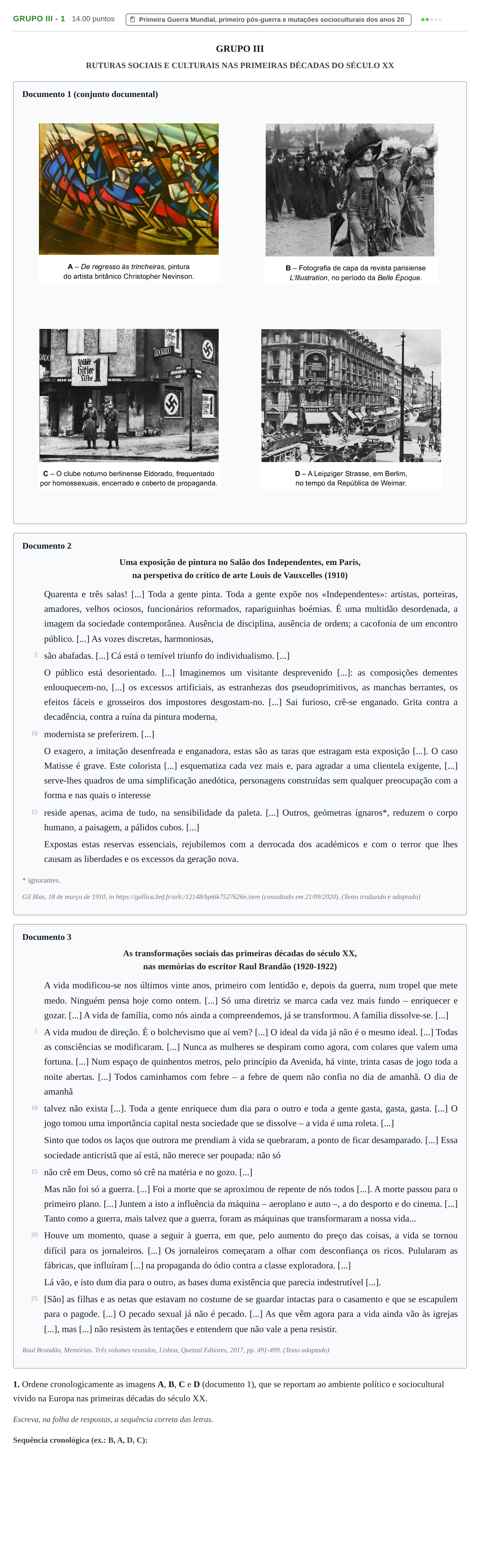Enunciado: Grupo III - 1 · Exame Nacional História A 1.ª fase 2021