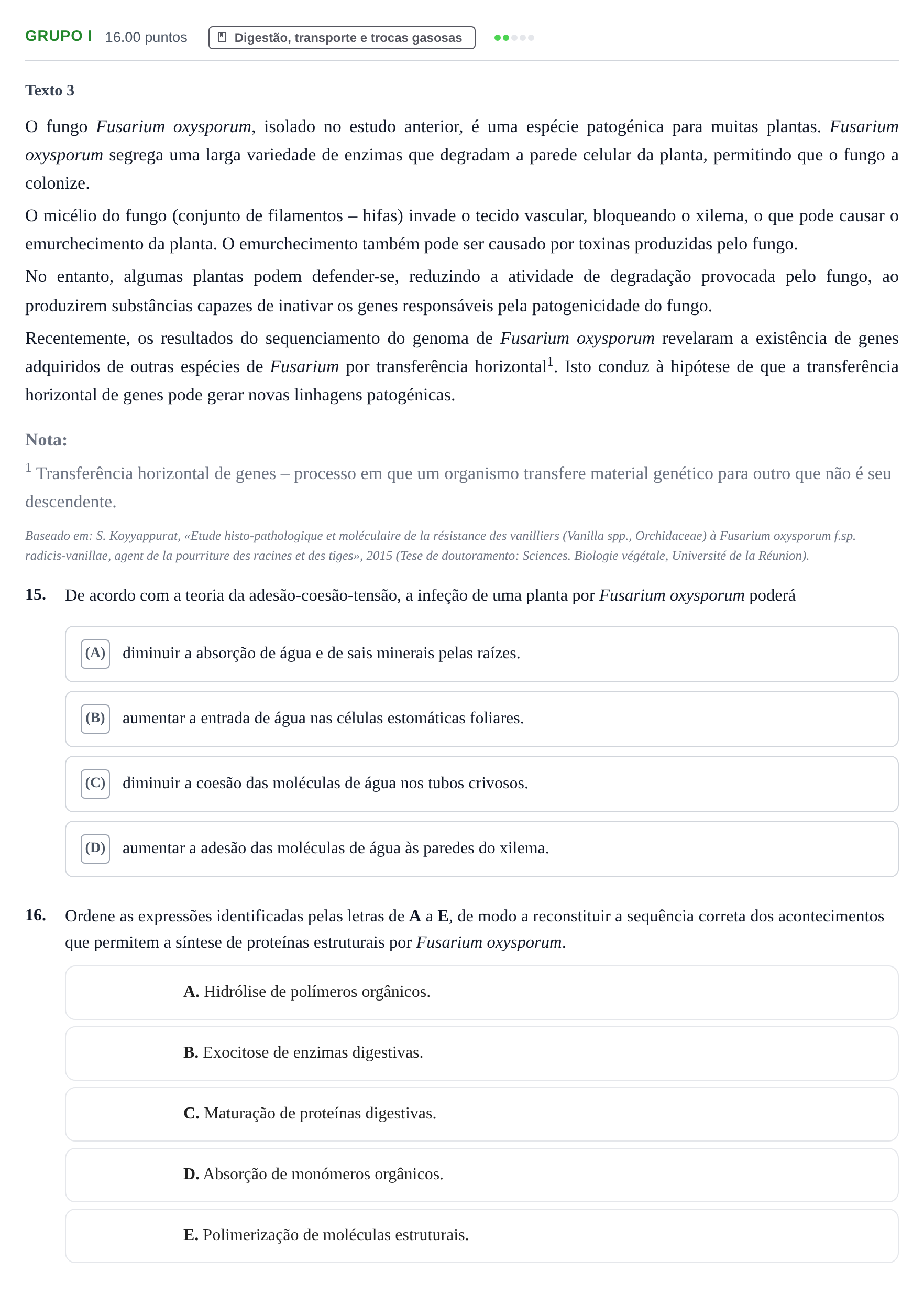 Enunciado: Grupo I · Exame Nacional Biologia e Geologia Época especial 2021