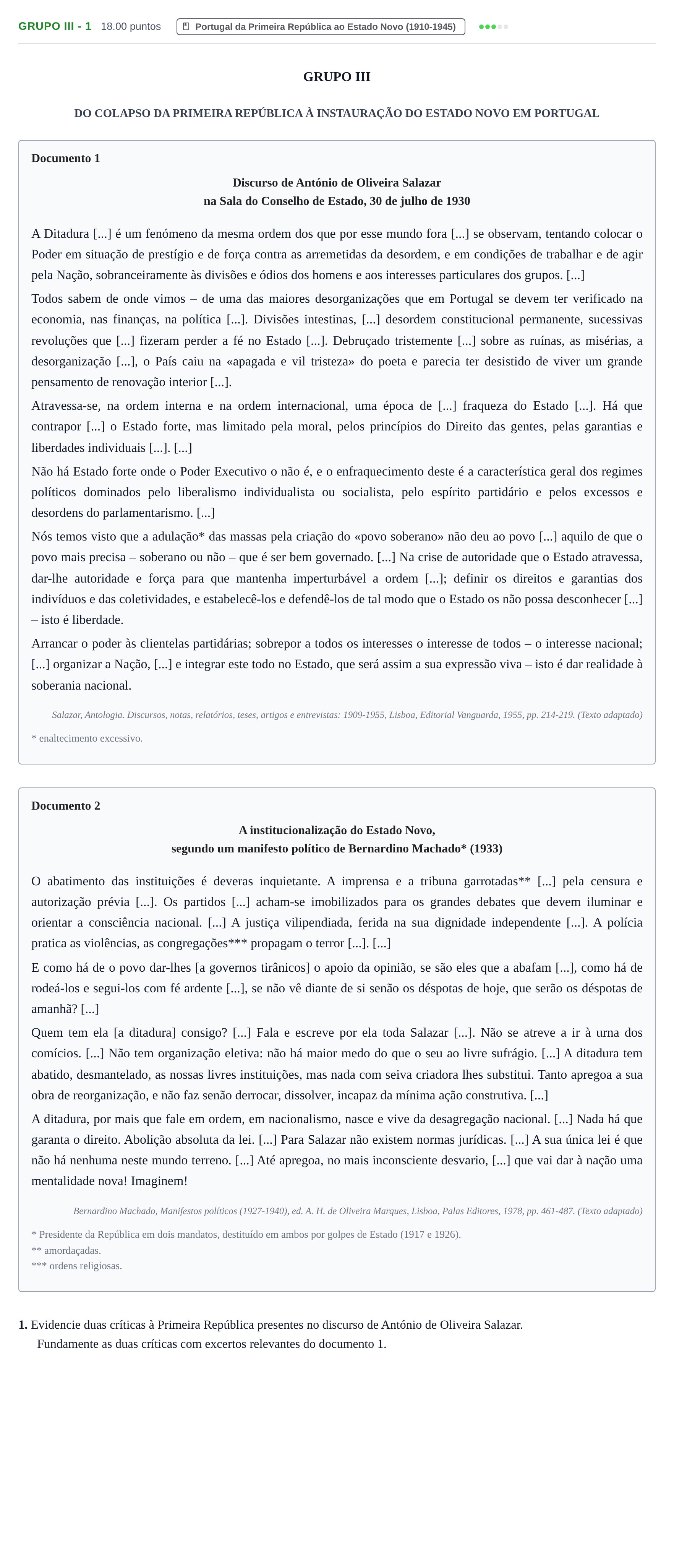Enunciado: Grupo III - 1 · Exame Nacional História A 2.ª fase 2021