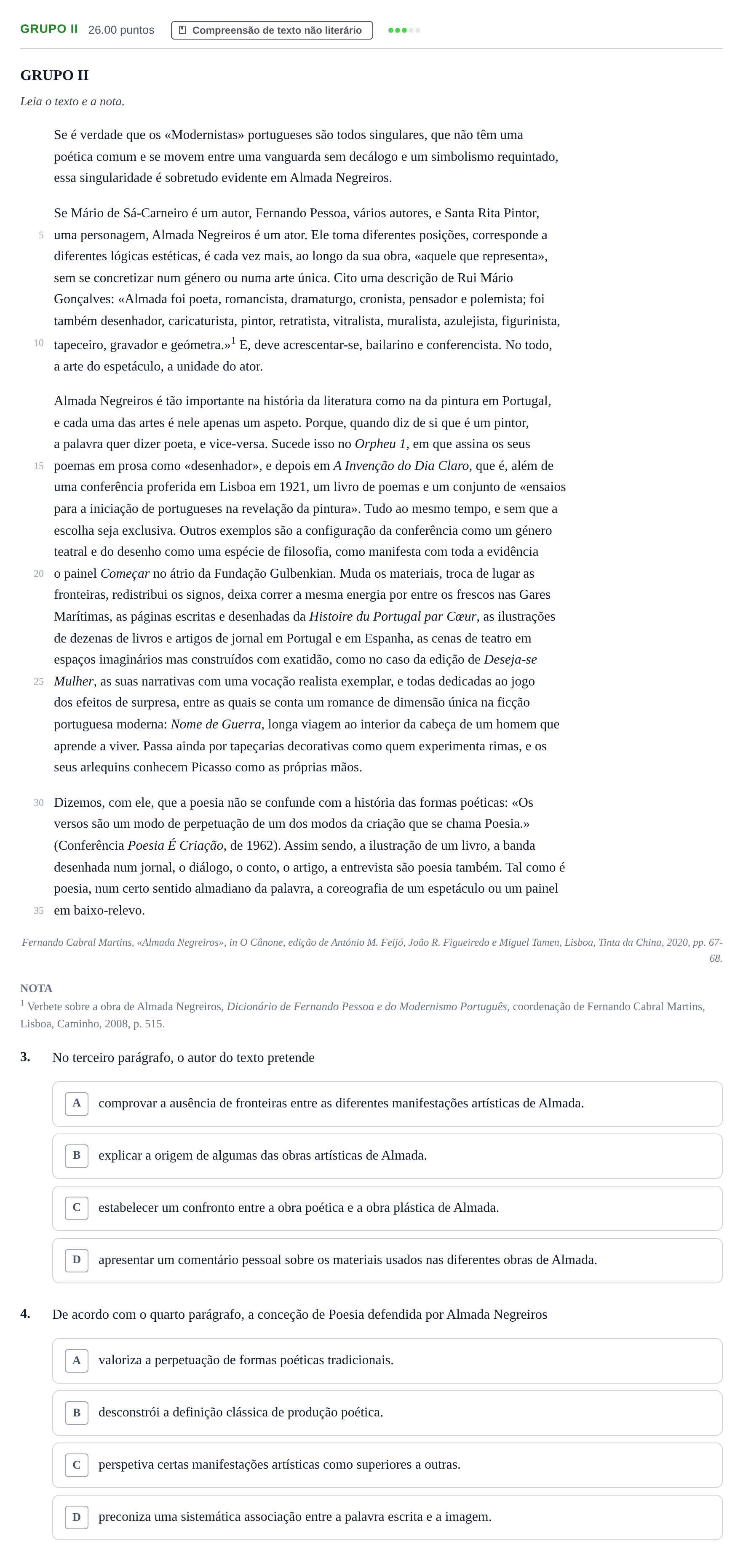 Enunciado: Grupo II · Exame Nacional Português 1.ª fase 2021