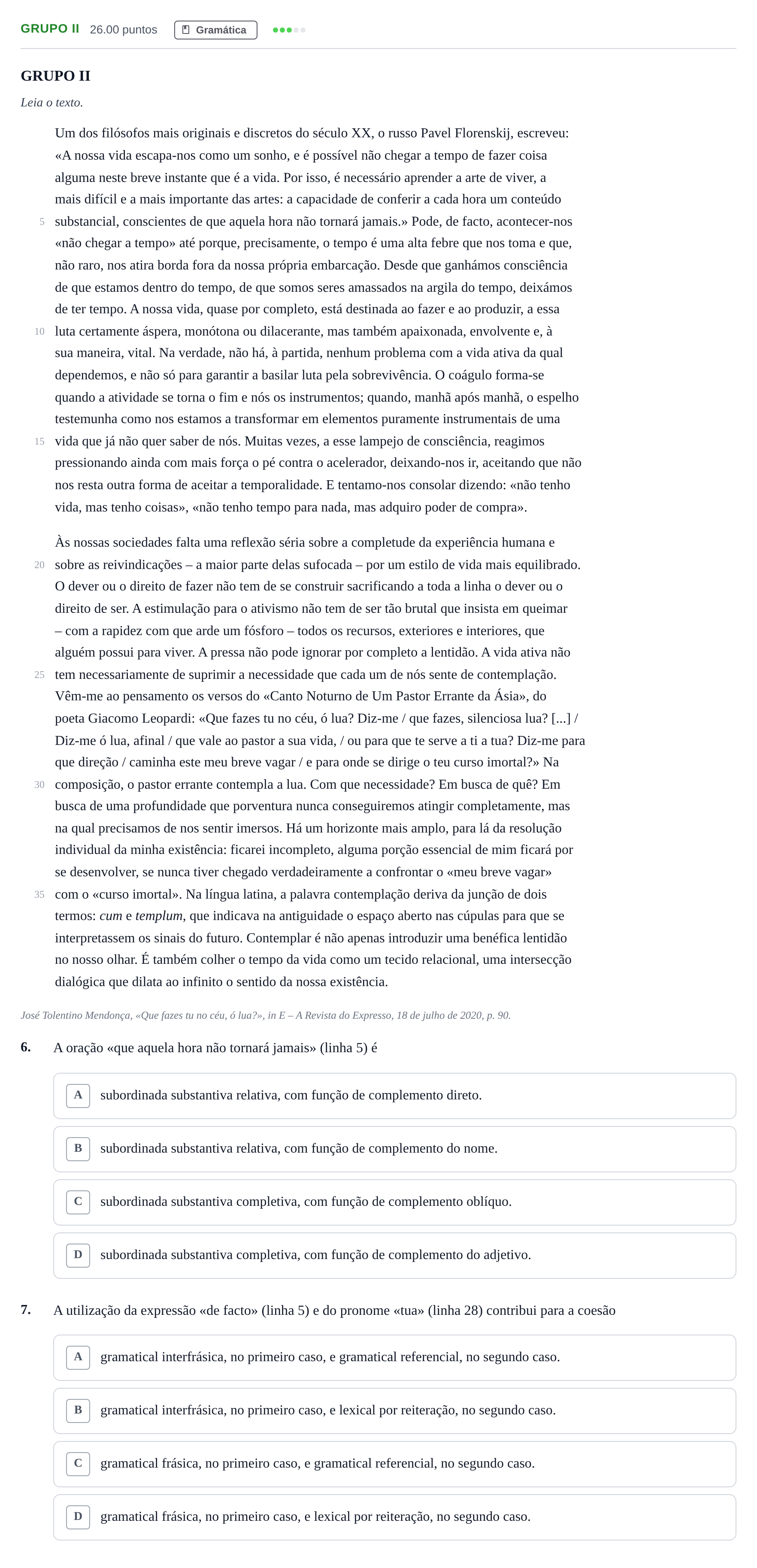 Enunciado: Grupo II - Gramática · Exame Nacional Português 2.ª fase 2021