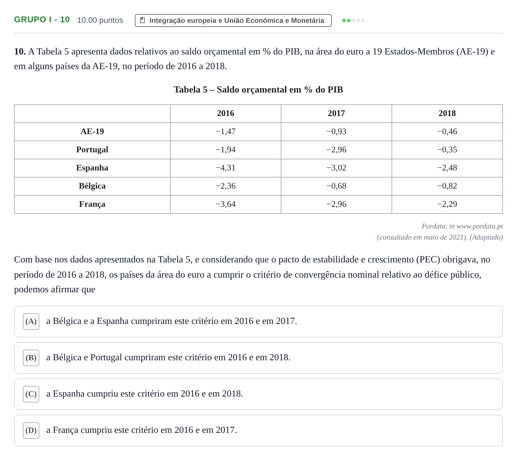 Enunciado: Grupo I - 10 · Exame Nacional Economia A Época especial 2021