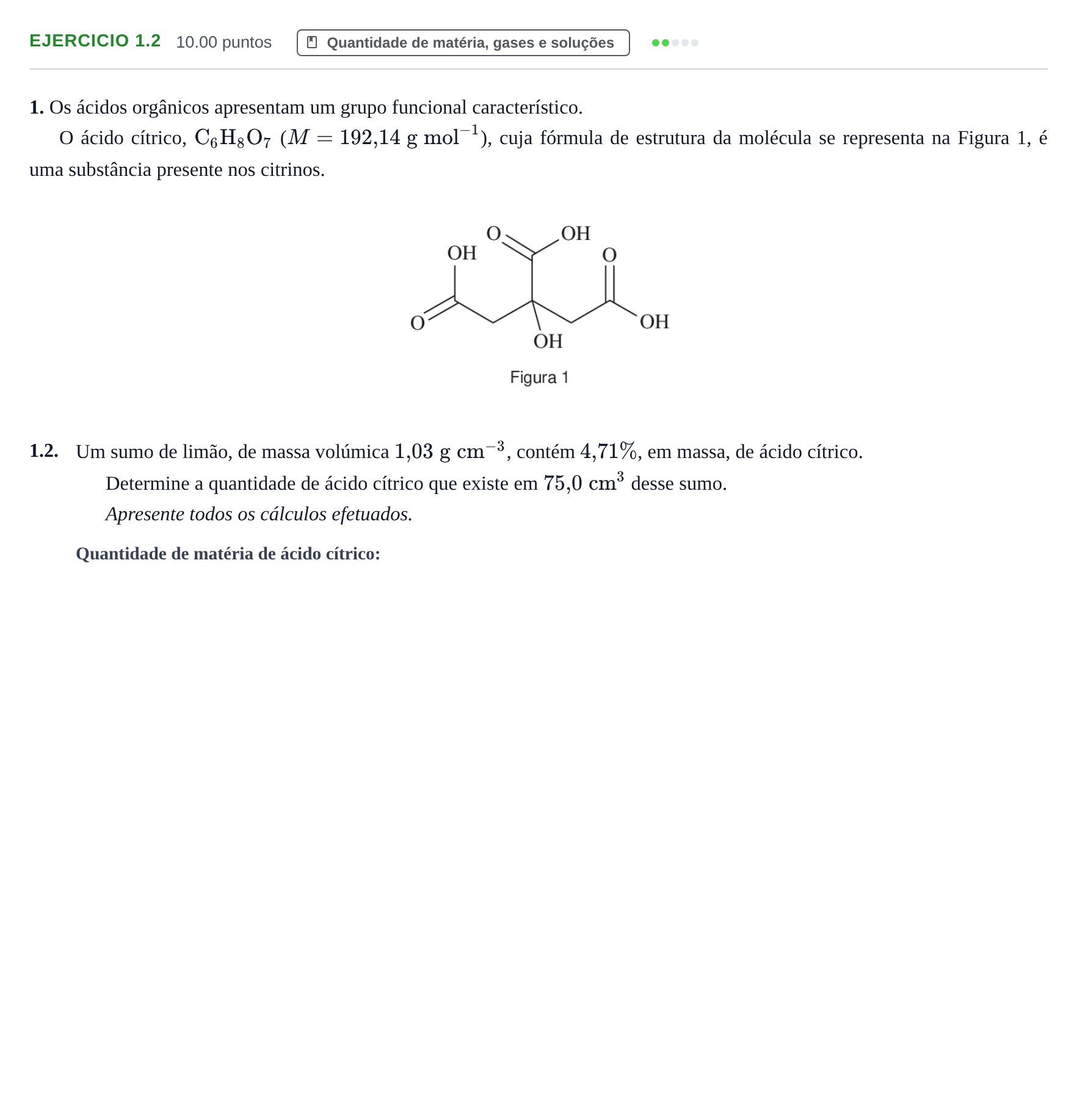 Enunciado: Exercício 1.2 · Exame Nacional Física e Química A Época especial 2021