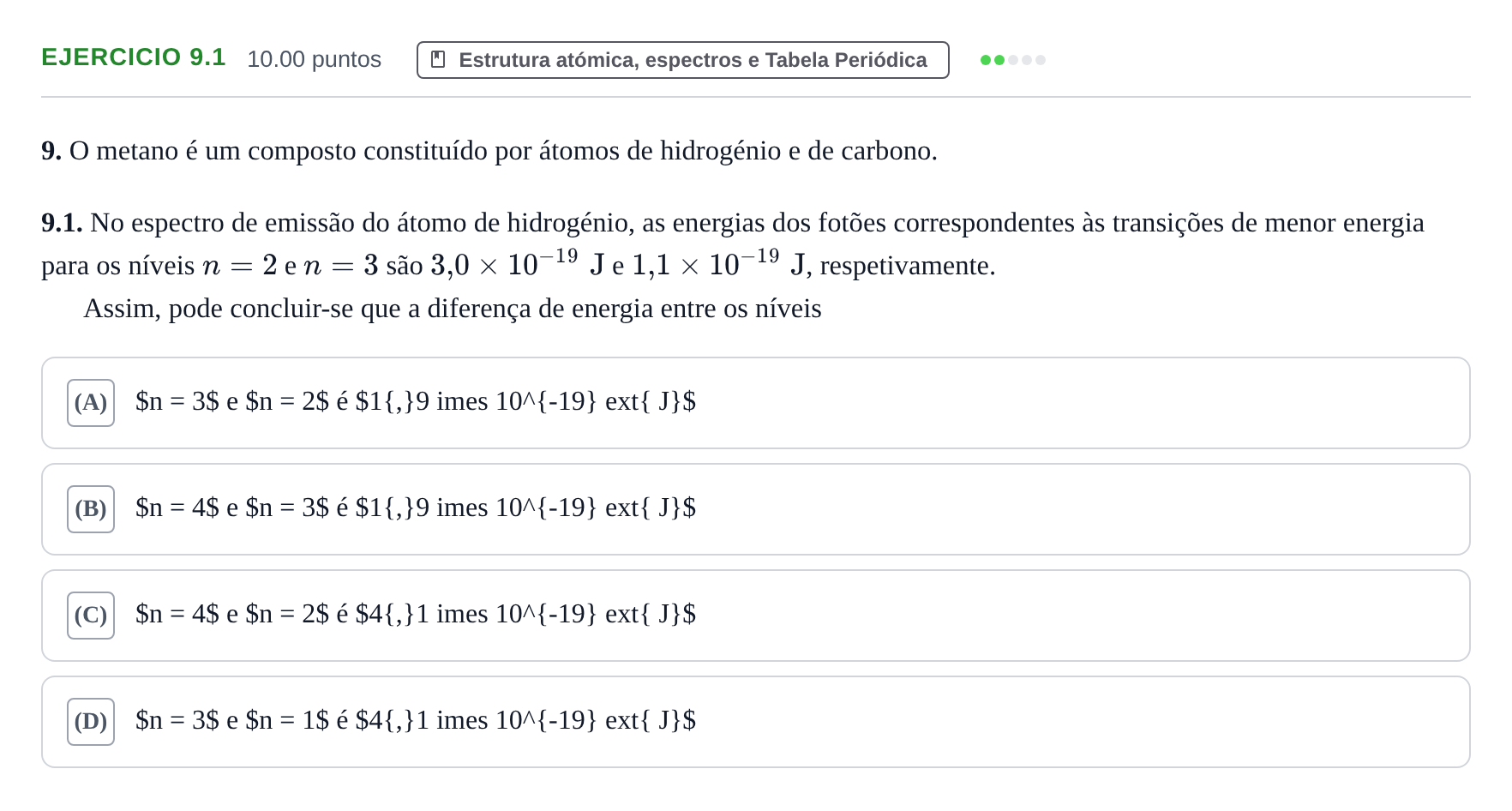 Enunciado: Exercício 9.1 · Exame Nacional Física e Química A Época especial 2021