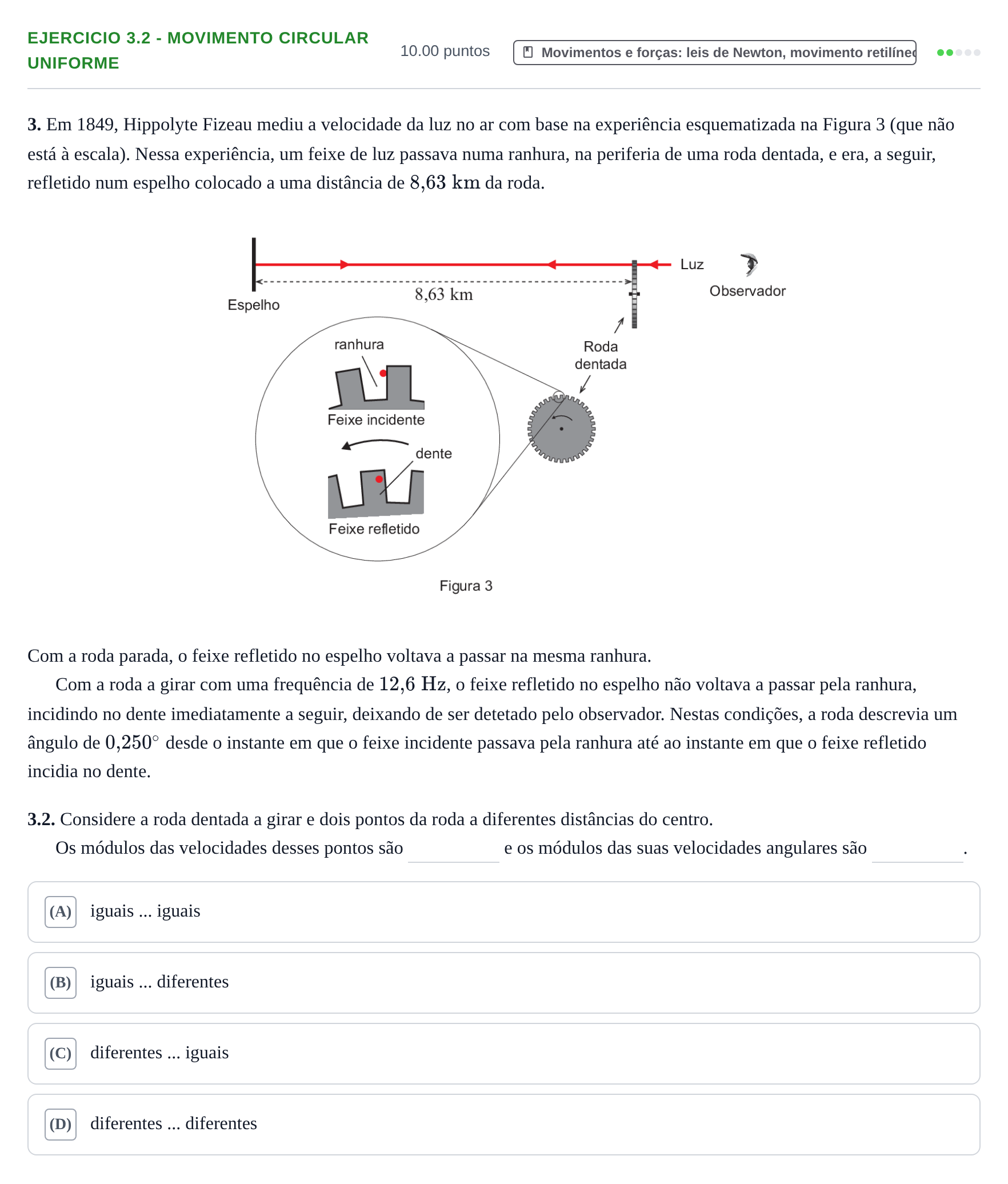 Enunciado: Exercício 3.2 - Movimento circular uniforme · Exame Nacional Física e Química A 1.ª fase 2021