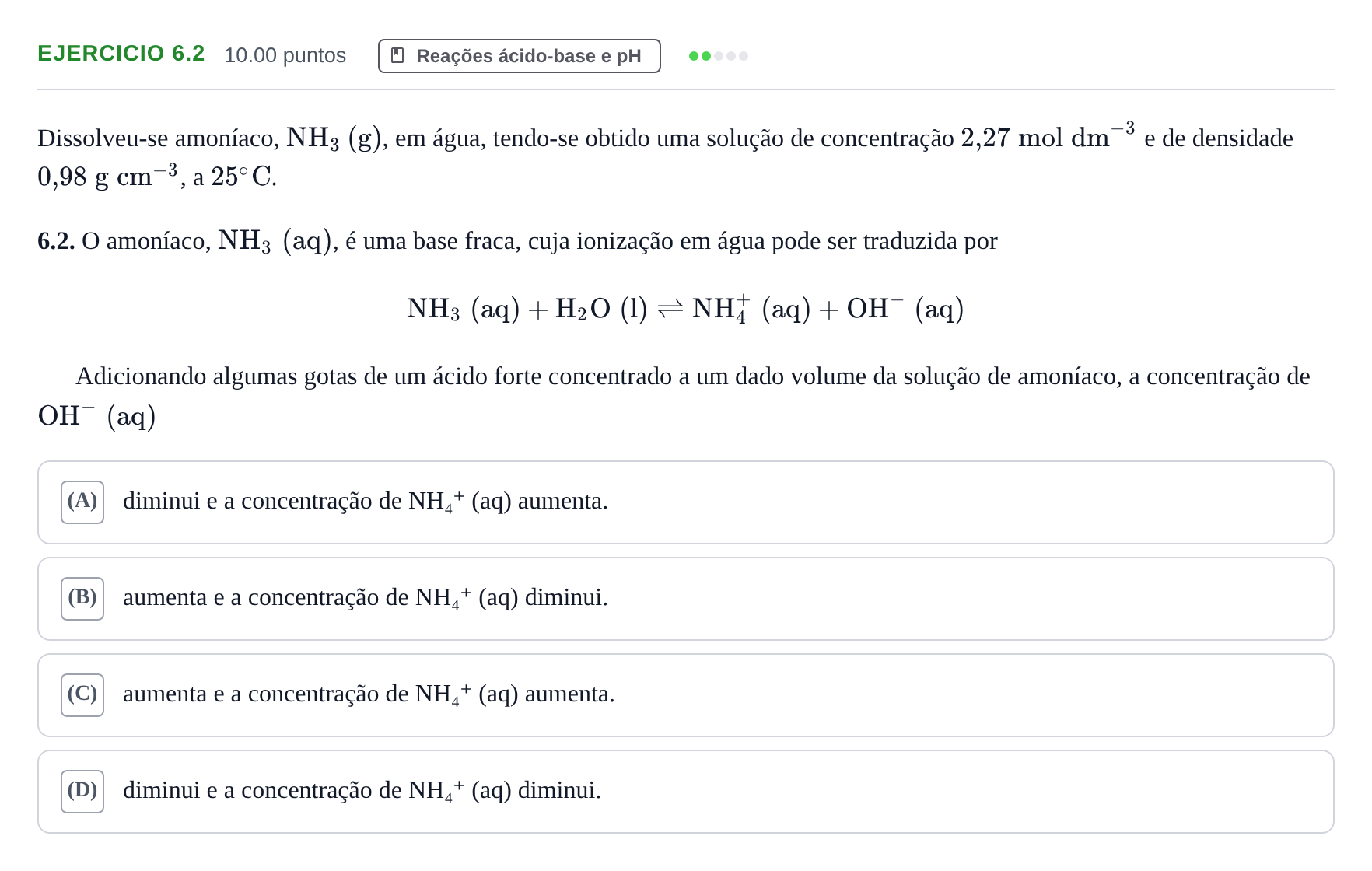Enunciado: Exercício 6.2 - Reações ácido-base · Exame Nacional Física e Química A 1.ª fase 2021