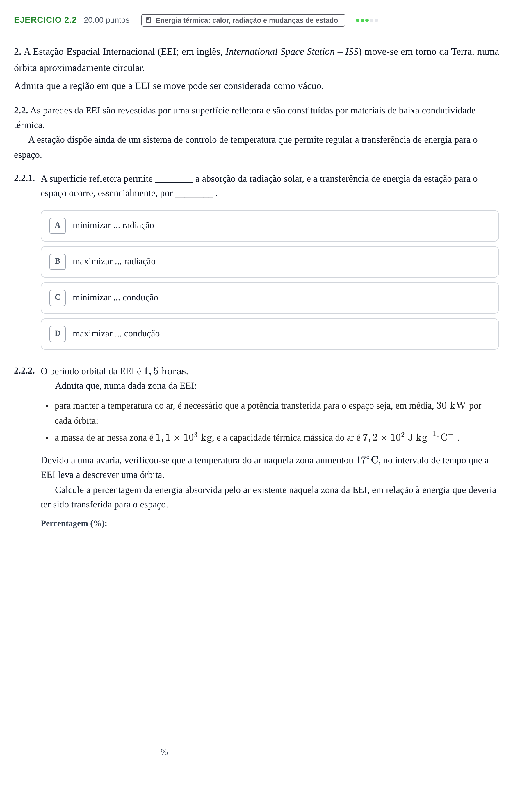 Enunciado: Exercício 2.2 - Energia térmica · Exame Nacional Física e Química A 2.ª fase 2021