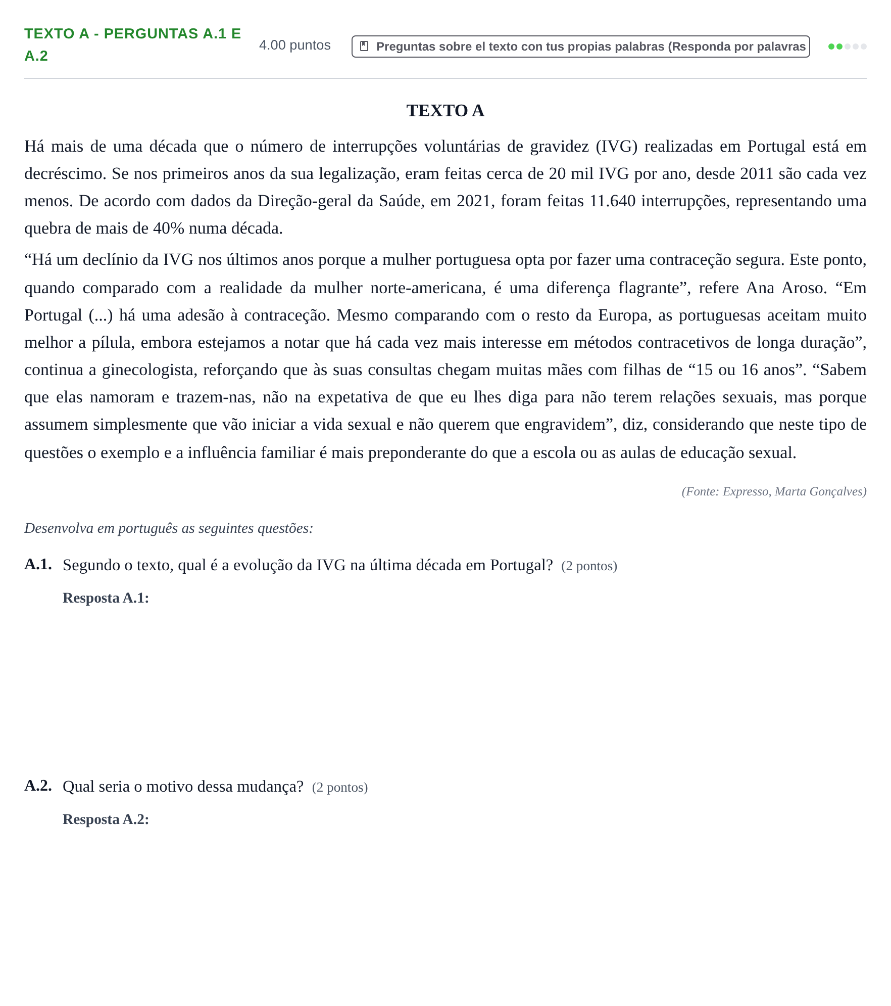 Enunciado: Ejercicio Texto A - Perguntas A.1 e A.2 · Portugués PAU Castilla y León Extraordinaria 2023