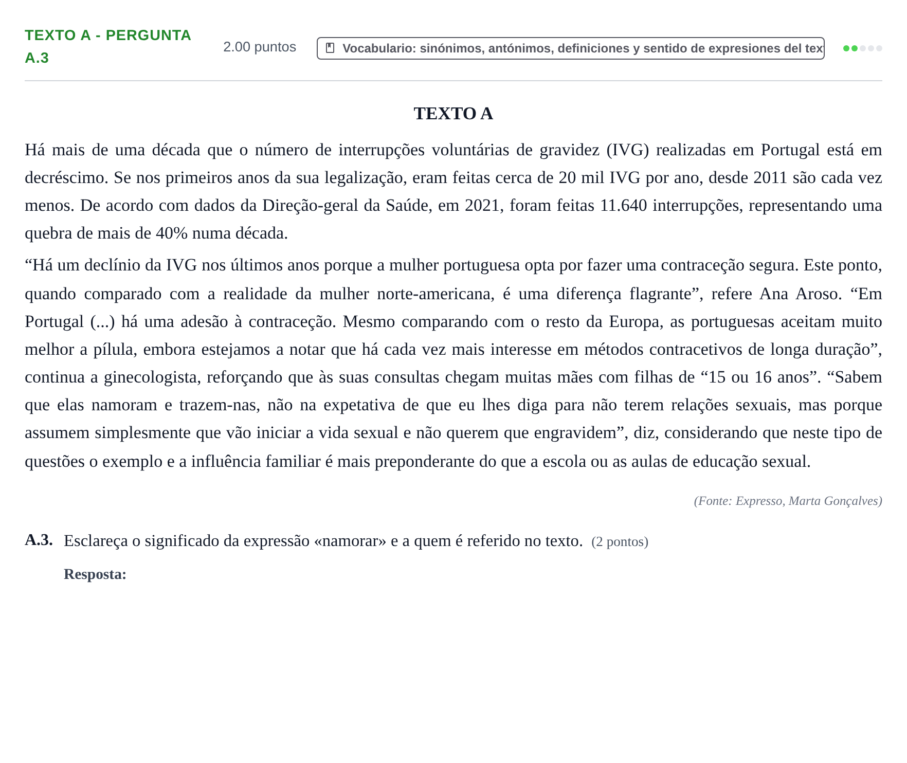 Enunciado: Ejercicio Texto A - Pergunta A.3 · Portugués PAU Castilla y León Extraordinaria 2023