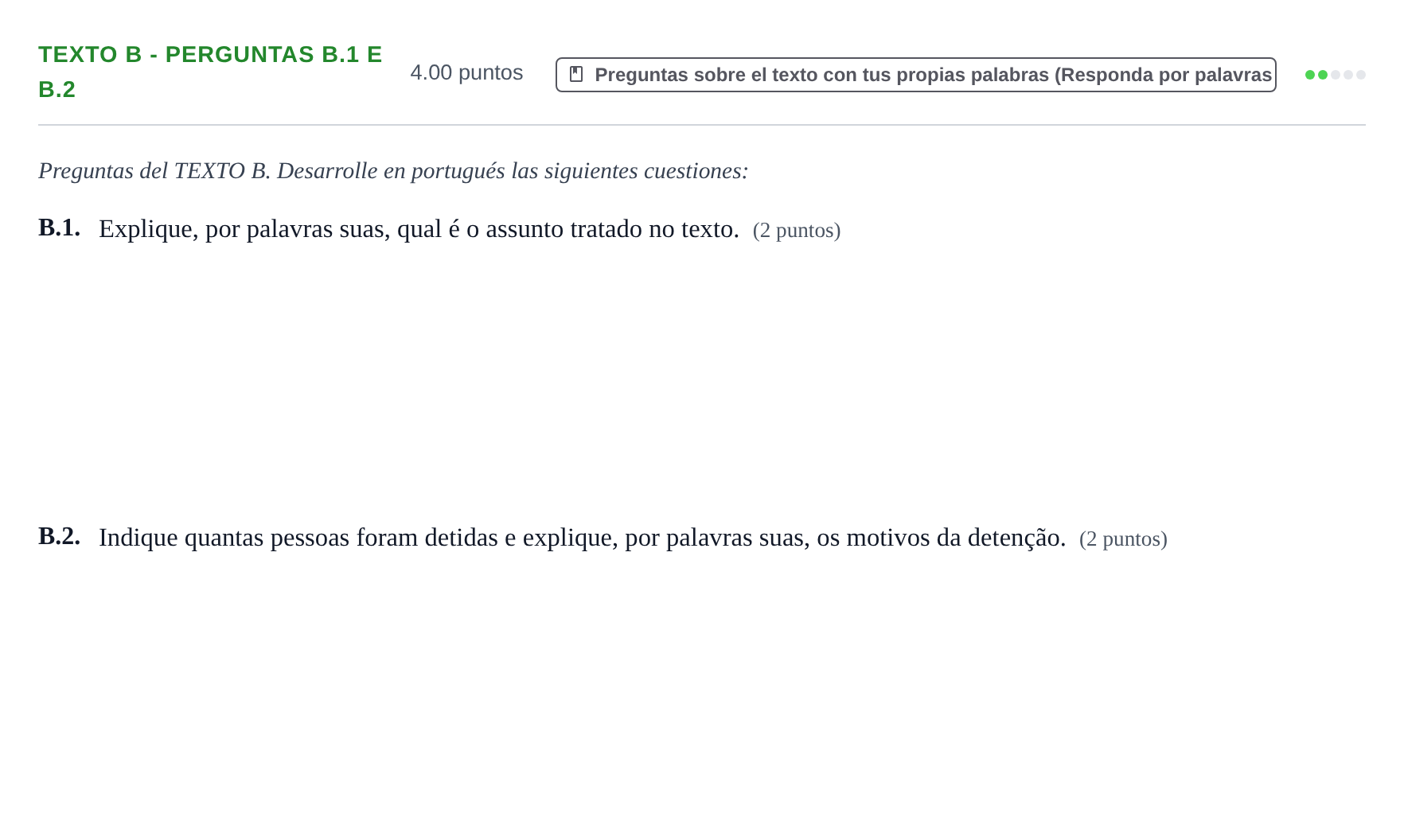 Enunciado: Ejercicio Texto B - Perguntas B.1 e B.2 · Portugués PAU Castilla y León Extraordinaria 2023