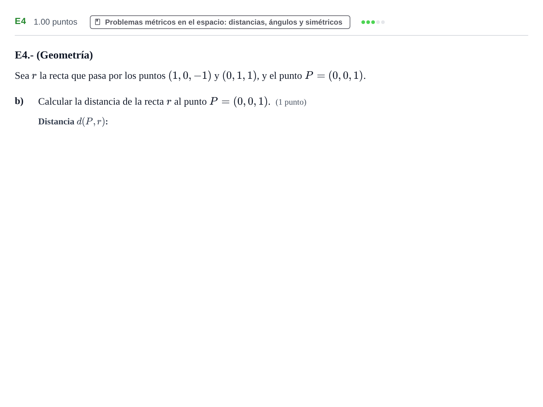 Enunciado: Ejercicio E4 - Problemas métricos · Matemáticas II PAU Castilla y León Extraordinaria 2023