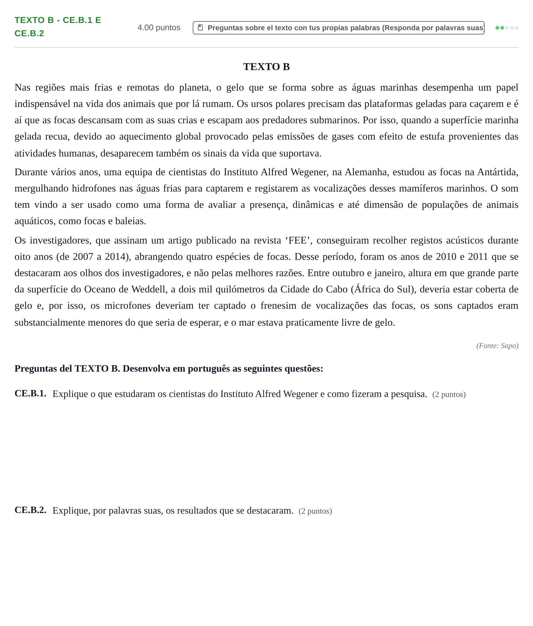 Enunciado: Ejercicio Texto B - CE.B.1 e CE.B.2 · Portugués PAU Castilla y León Ordinaria 2023