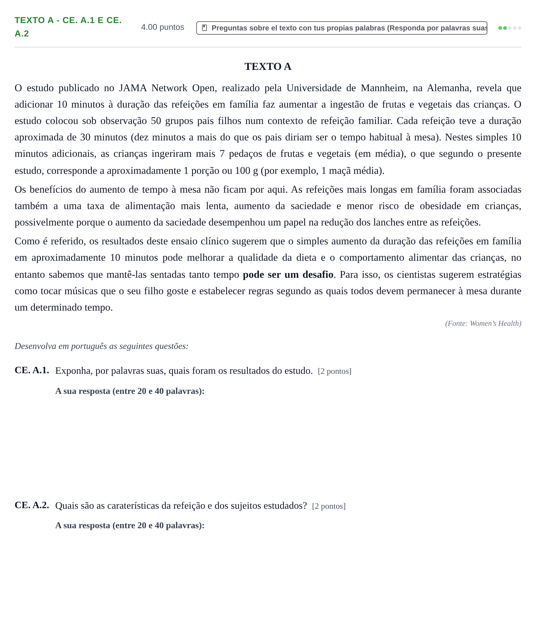 Enunciado: Ejercicio Texto A - CE. A.1 e CE. A.2 · Portugués PAU Castilla y León Ordinaria (Fase Mejora de Nota) 2023
