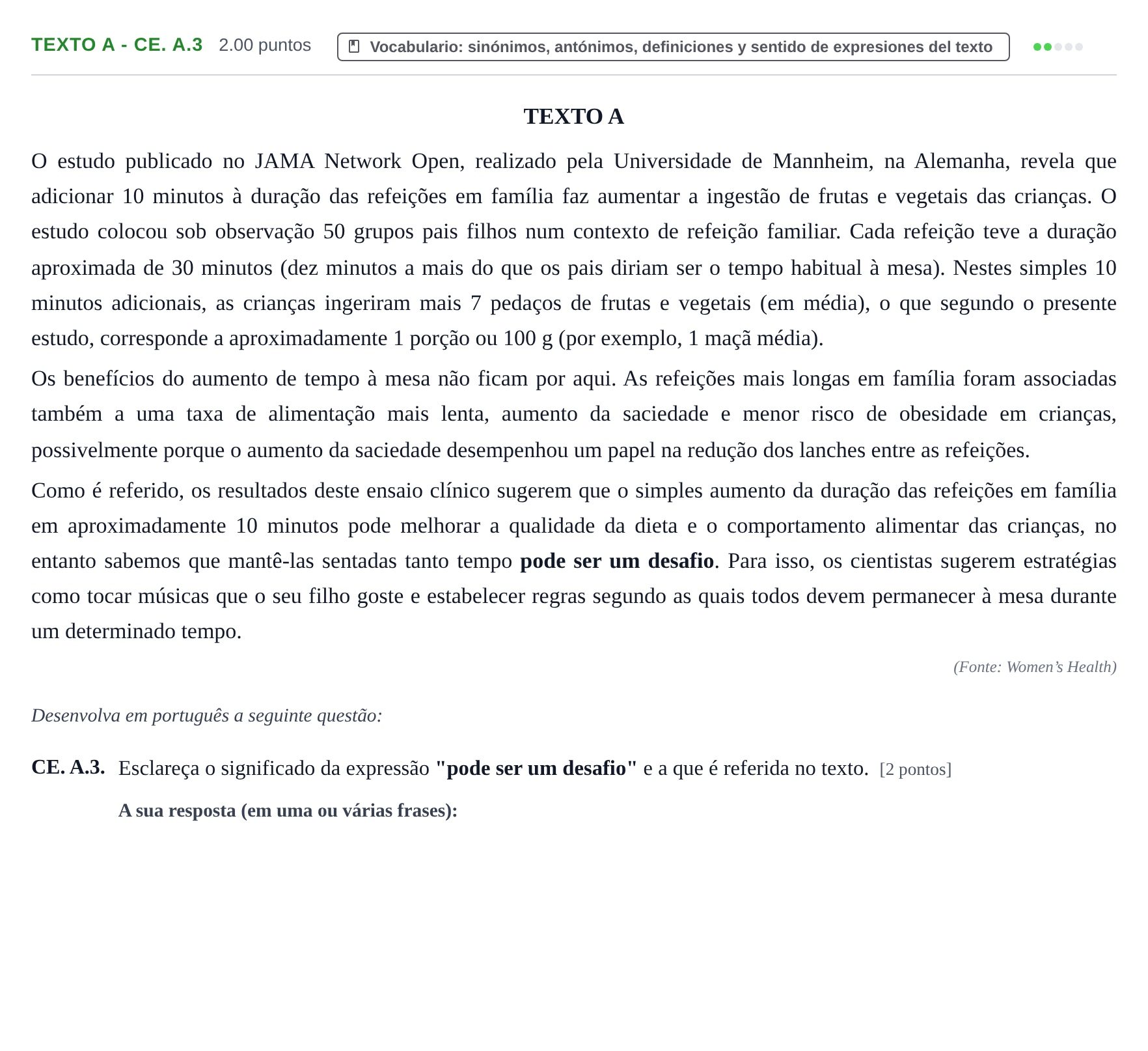 Enunciado: Ejercicio Texto A - CE. A.3 · Portugués PAU Castilla y León Ordinaria (Fase Mejora de Nota) 2023