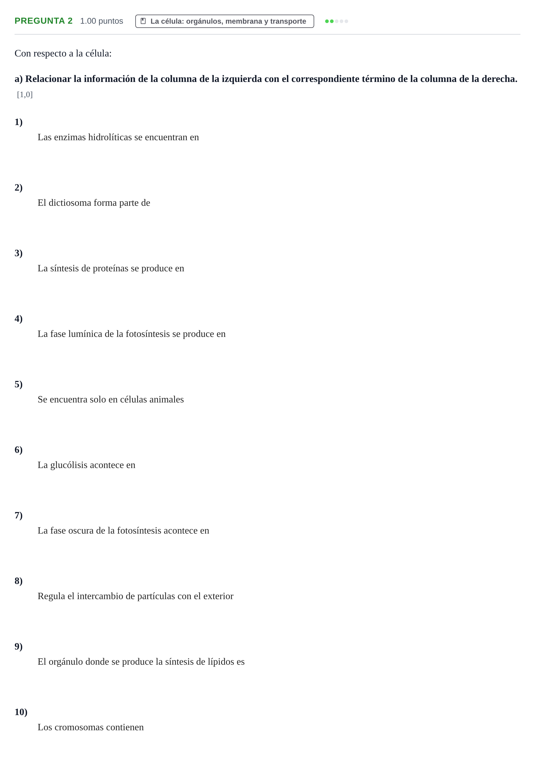 Enunciado: Pregunta 2 - La célula · Biología PAU Castilla y León Extraordinaria 2022