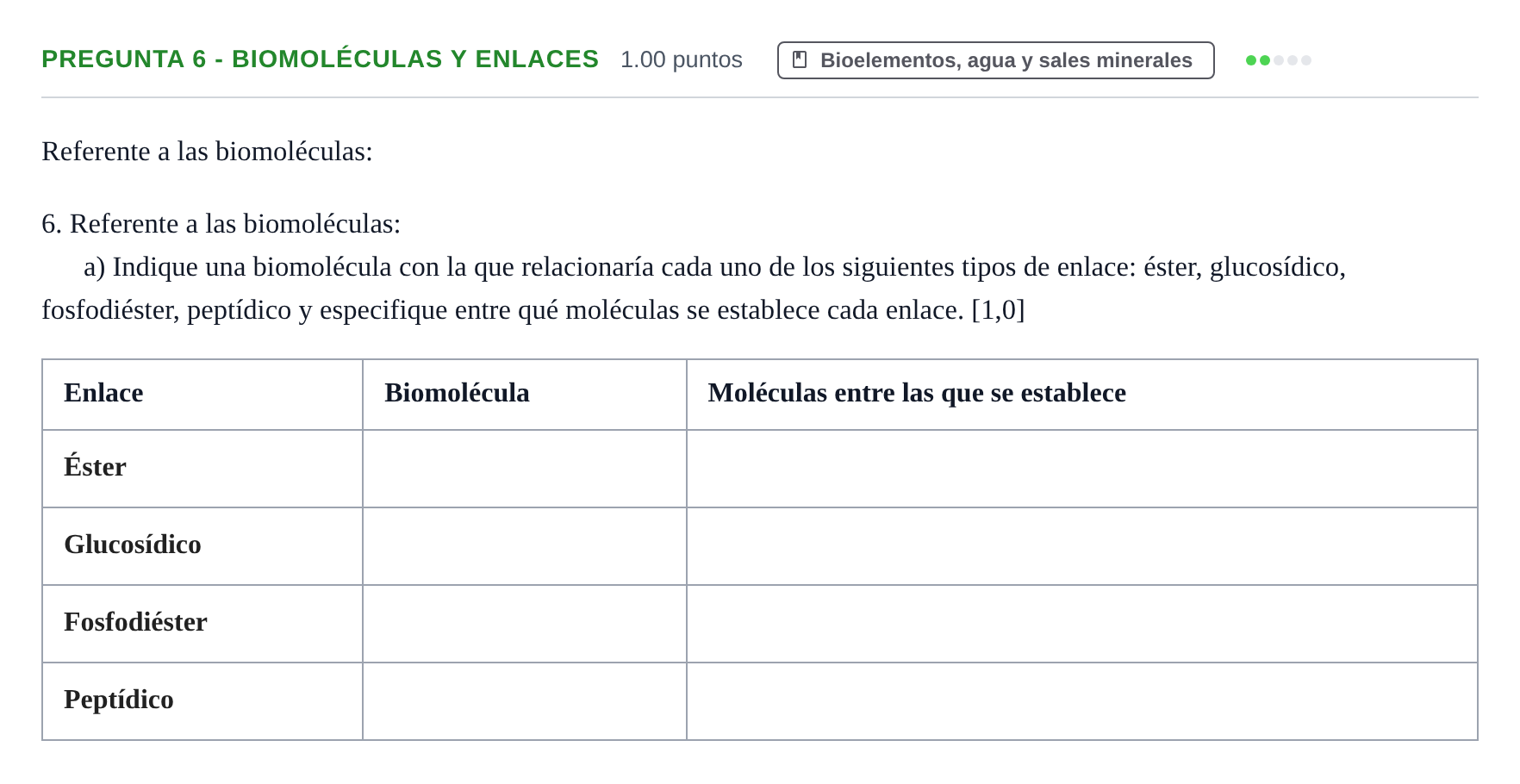 Enunciado: Pregunta 6 - Biomoléculas y enlaces · Biología PAU Castilla y León Extraordinaria 2022