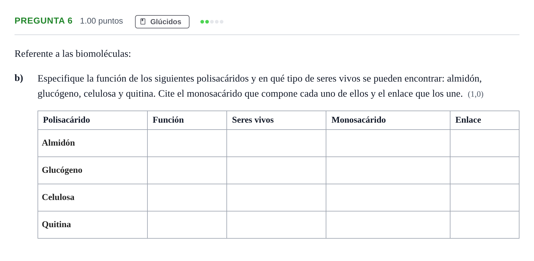 Enunciado: Pregunta 6 - Glúcidos · Biología PAU Castilla y León Extraordinaria 2022