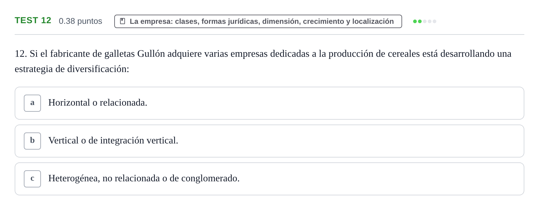 Enunciado: Ejercicio Test 12 · Empresa y Diseño de Modelos de Negocio PAU Castilla y León Extraordinaria 2022