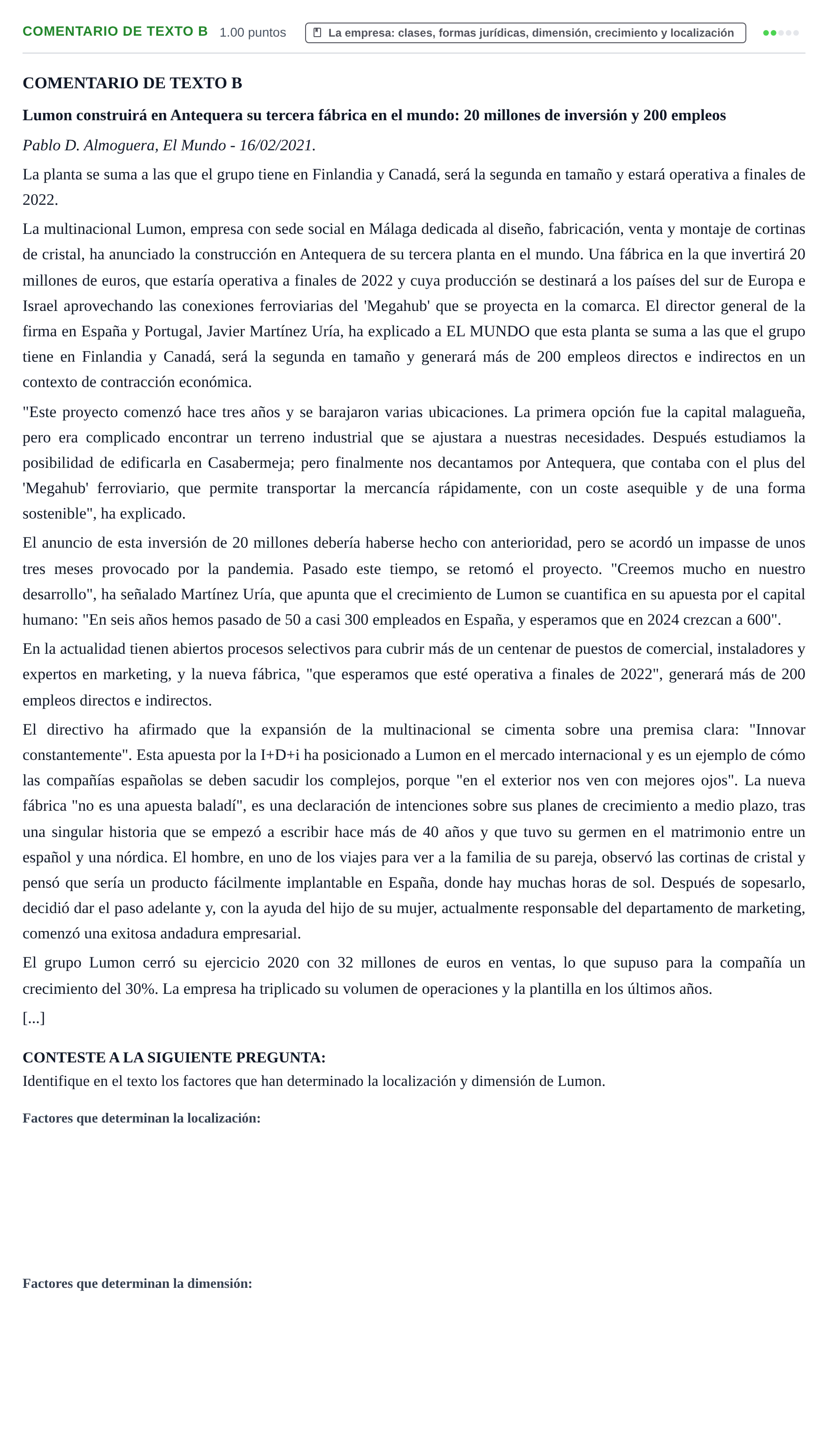 Enunciado: Ejercicio Comentario de Texto B · Empresa y Diseño de Modelos de Negocio PAU Castilla y León Ordinaria 2022