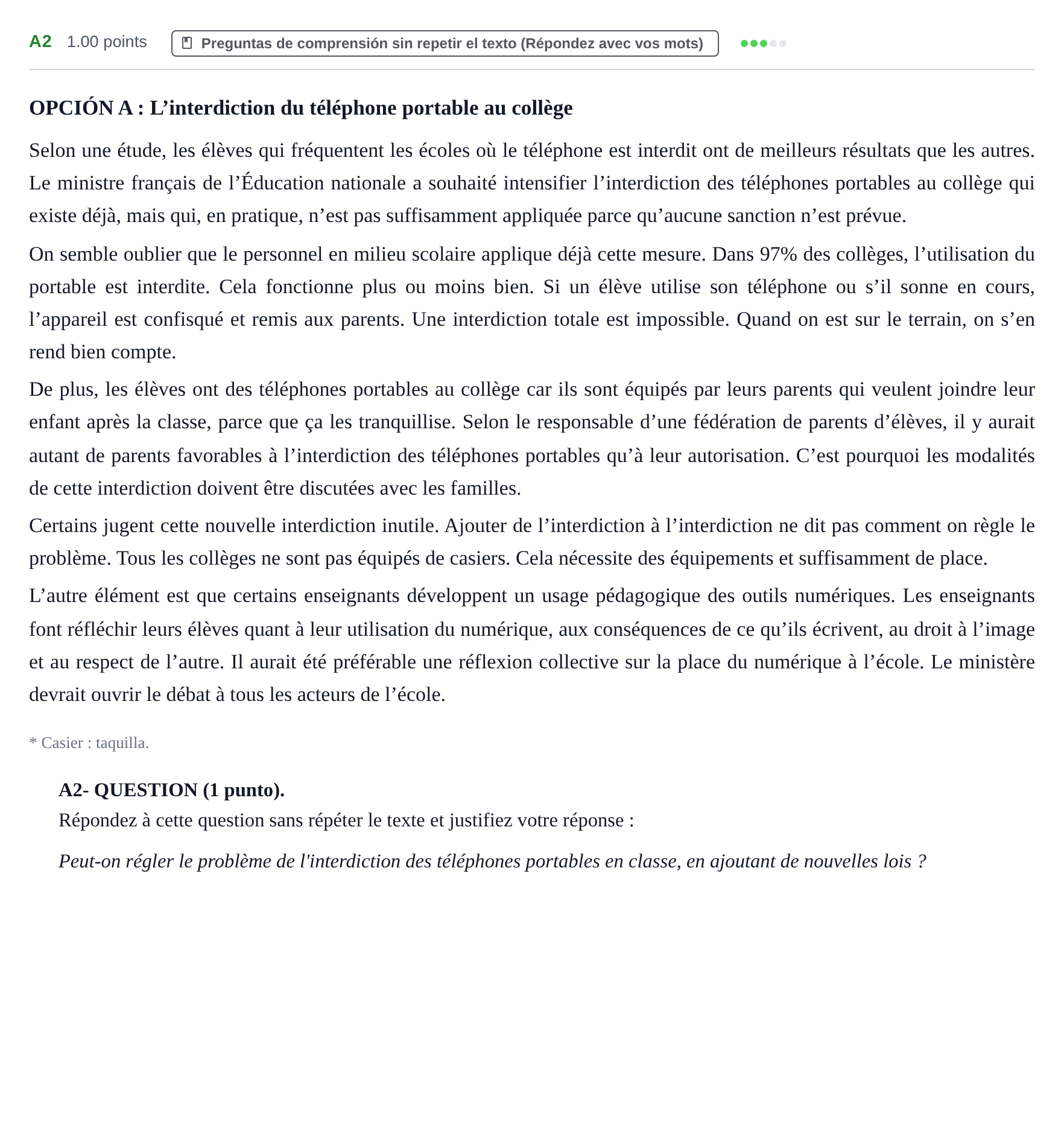 Enunciado: Ejercicio A2 · Francés PAU Castilla y León Extraordinaria 2022